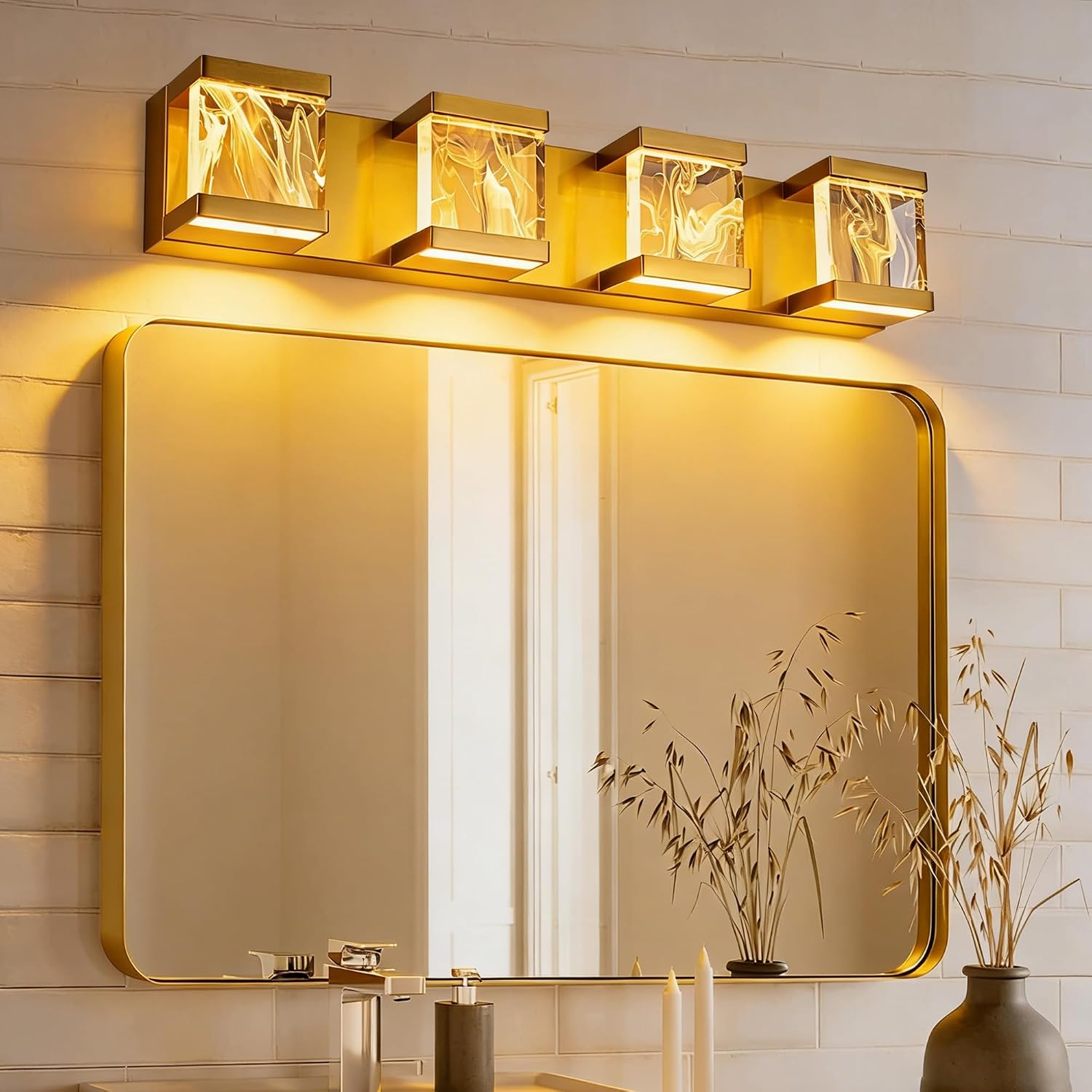 MELUCEE 4 Lights LED Bathroom Vanity Light with Unique Smoke Acrylic Panel, Modern Brass Vanity Light Bar Bathroom Light Fixtures Wall Sconce for Bath Powder Room Entryway, 20W 3000K Warm Lighting