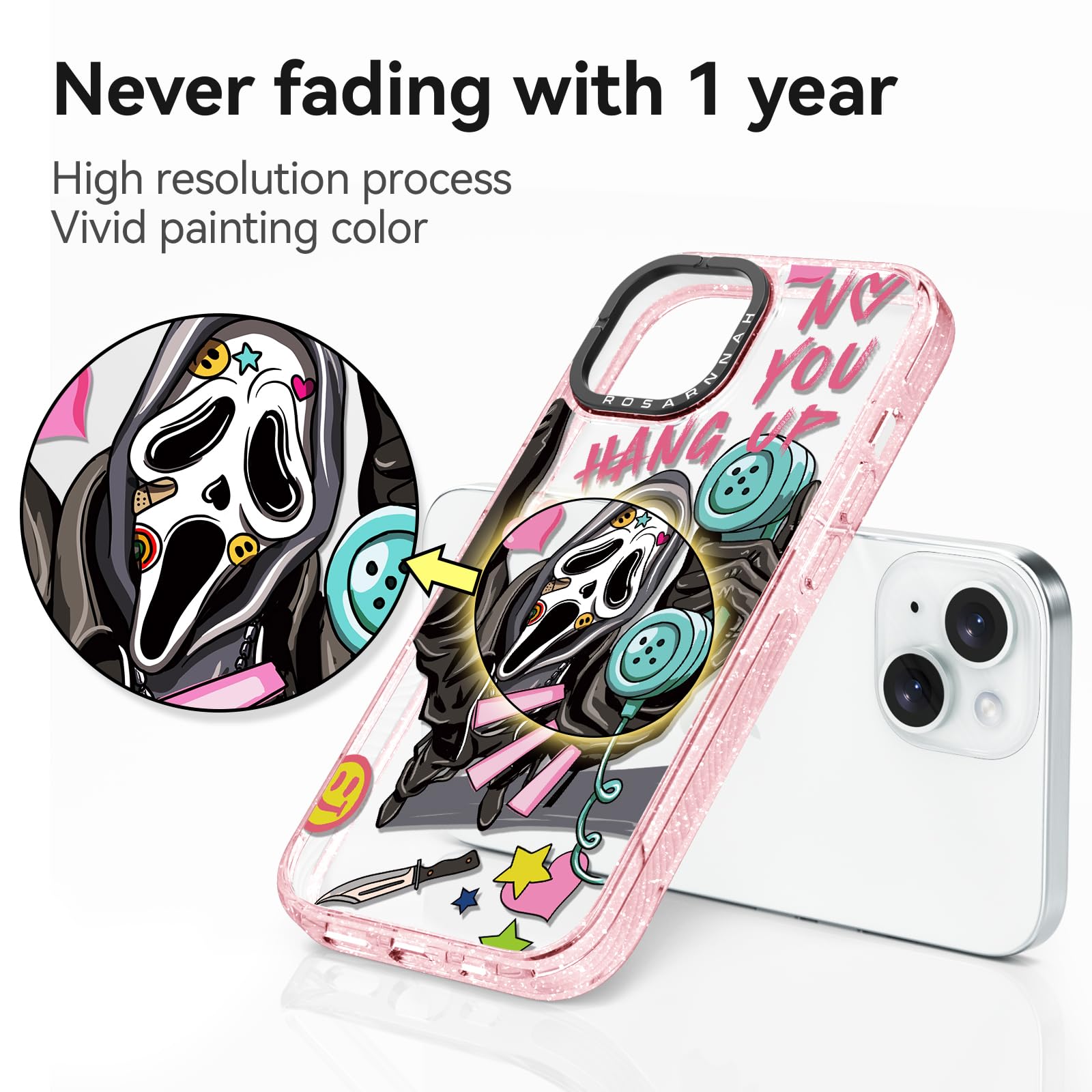 Rosarnnah Bonita funda compatible con iPhone 15, duradera, a prueba de golpes, caída de 6.5 pies, divertido diseño de esqueleto de grito de Halloween para iPhone 15 de 6.1 pulgadas, rosa brillante