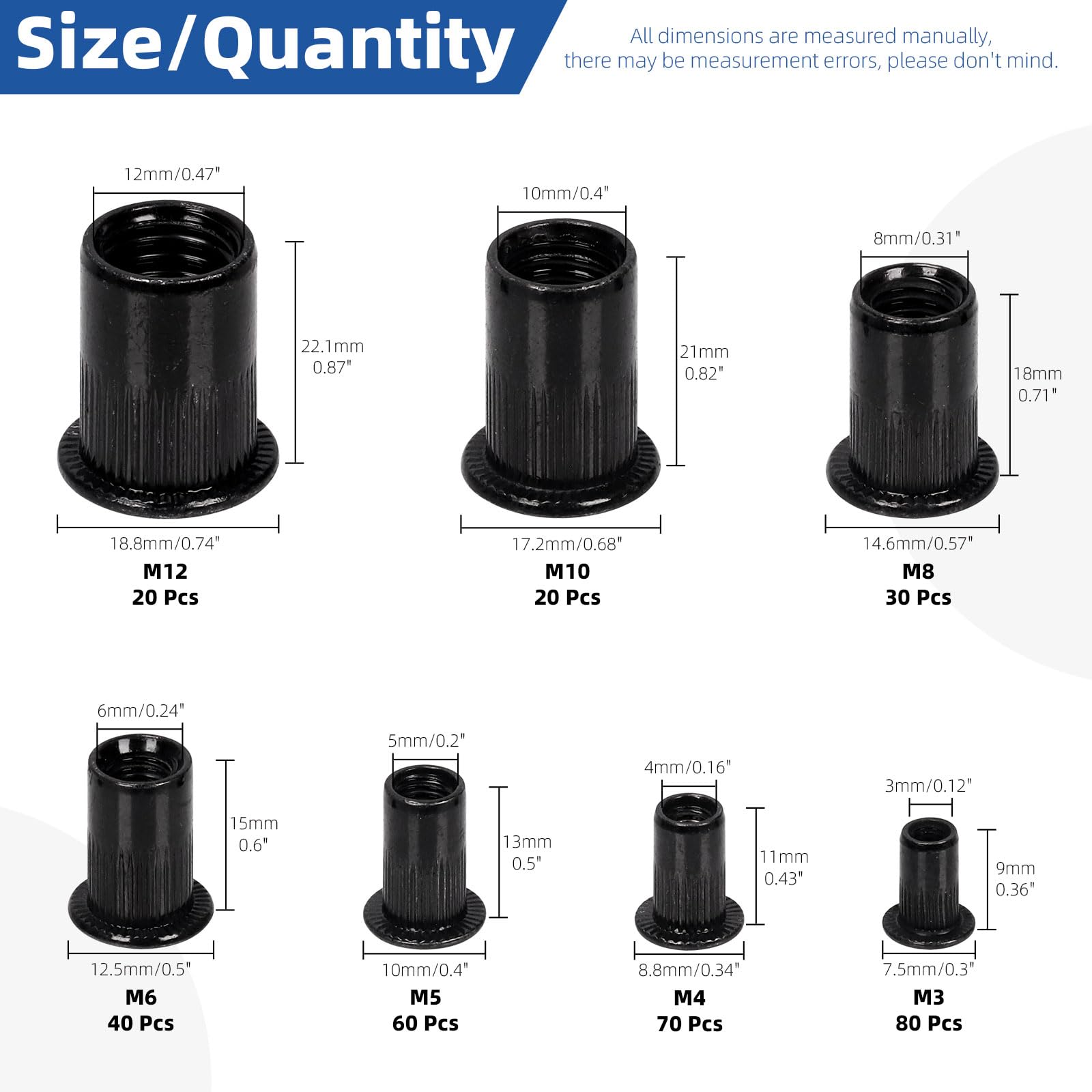 Glarks Set di 320 dadi filettati M3 M4 M5 M6 M8 M10 M12 in acciaio al carbonio zincato nero a testa piatta rivnut inserti filettati (kit dado rivetto)