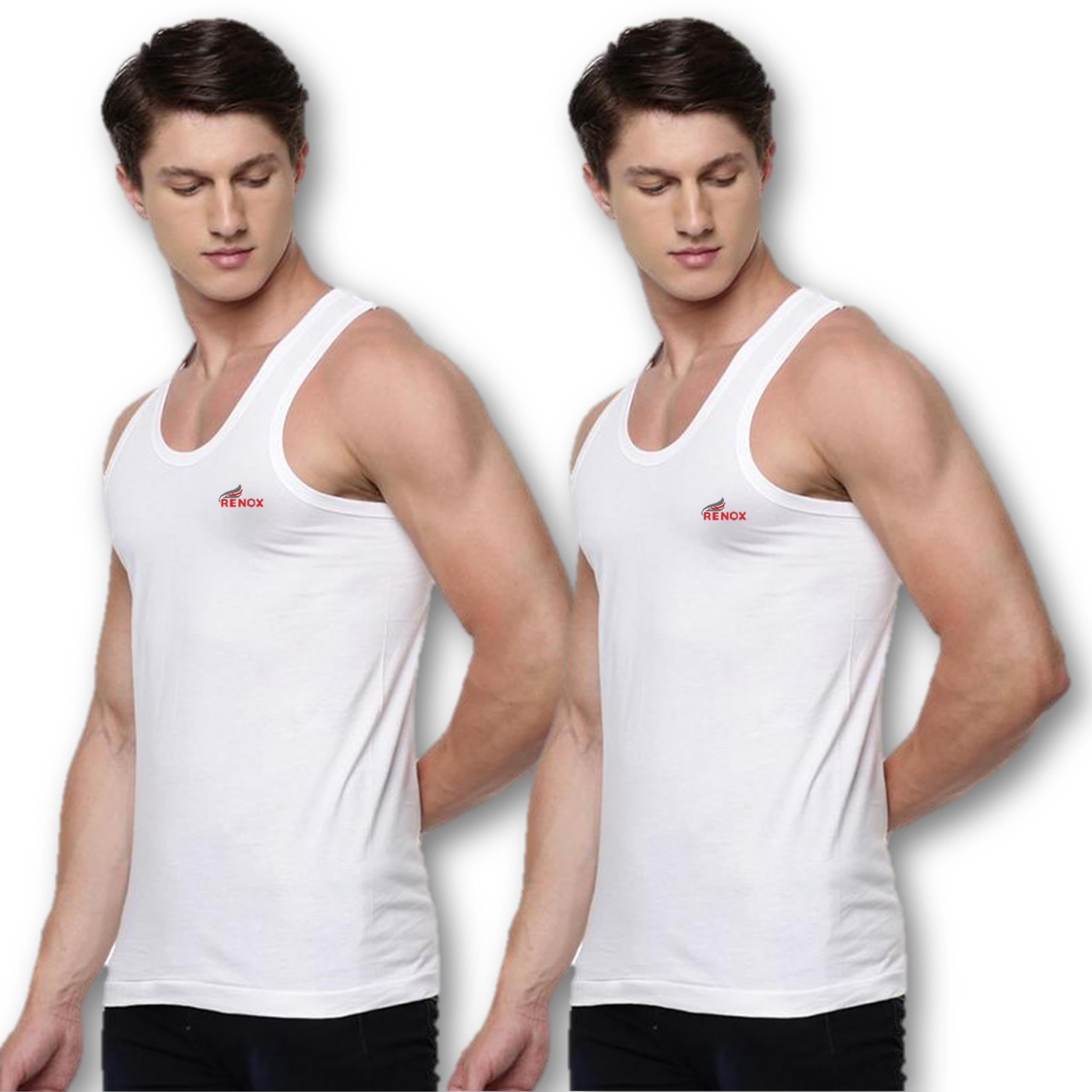 renox Men's Cotton Sleeveless RN Vest | Colour - White | Size - P - Pack of 2-picture-29