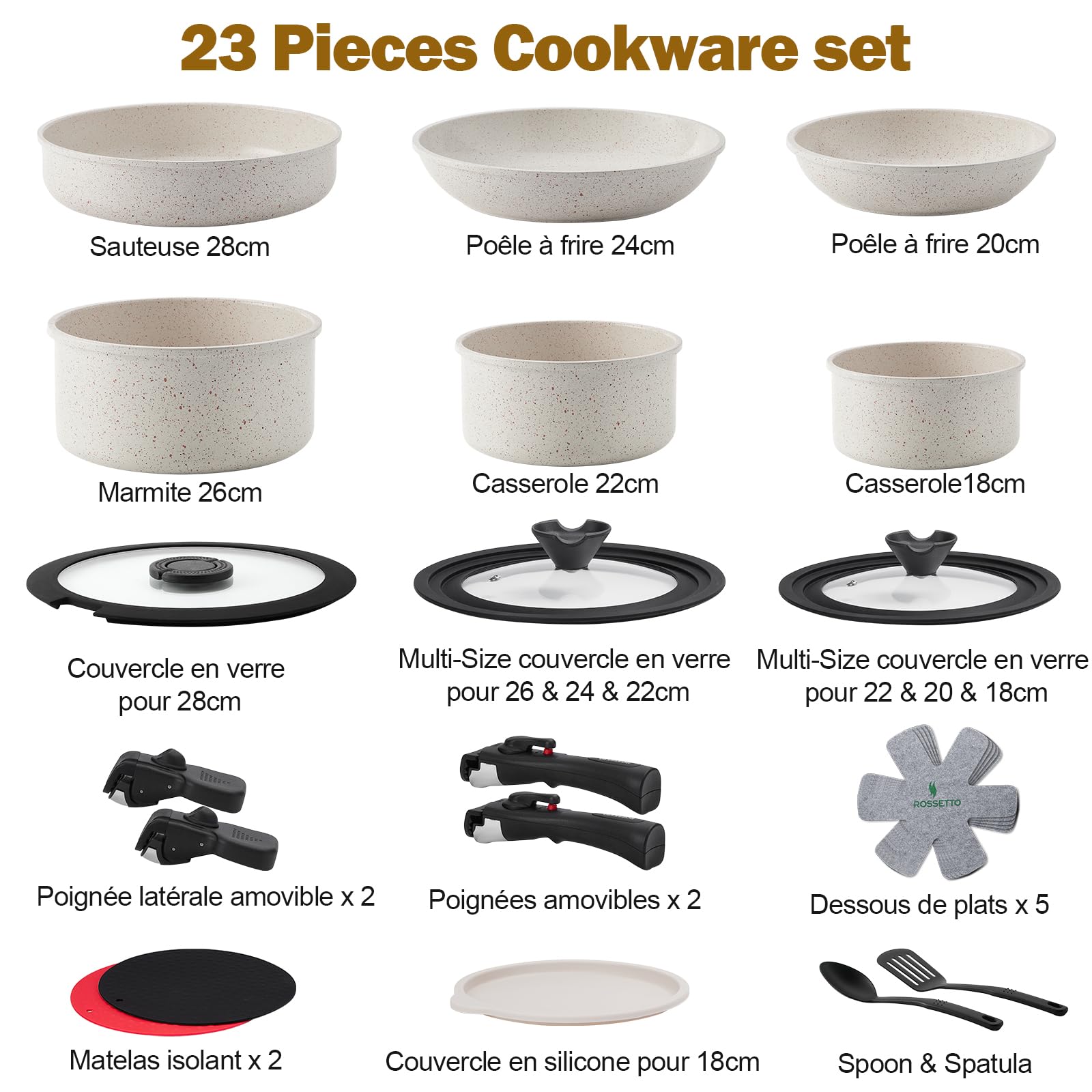 ROSSETTO – Set de cuisine comprenant 23 pièces. Une marmite, une sauteuse, des poêles et des casseroles le tout empliable, poignée amovible, Avec un revetement anti-adhésif, sans PFOA et PFOS