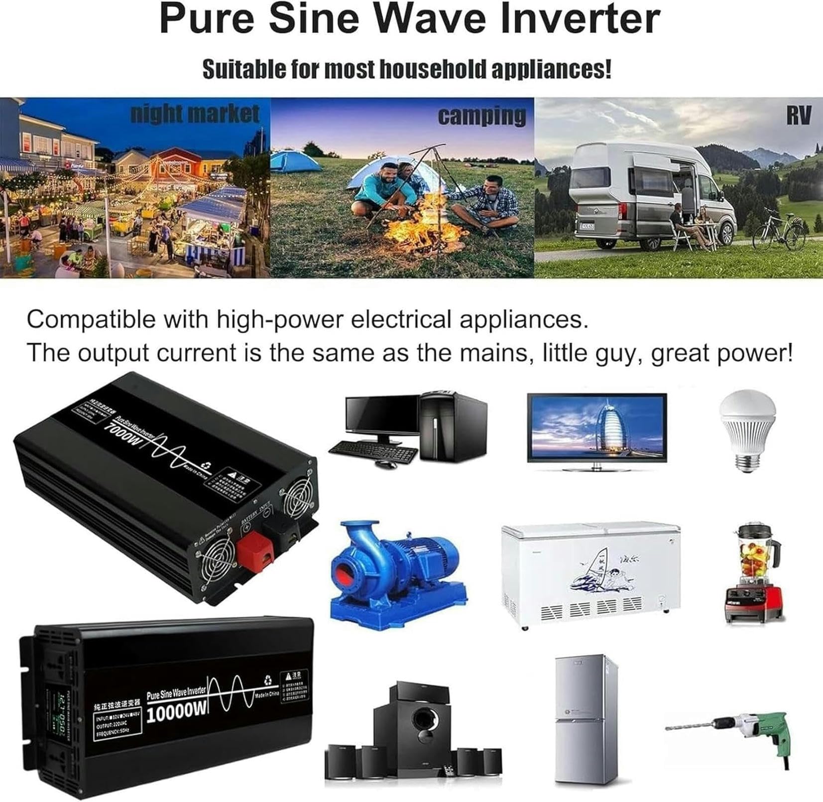 Inversor de Potencia de Onda sinusoidal Pura de 3500 W, 4500 W, 7000 W, 12 V/24 V/48 V/60 V/72 V CC a 110 V, 220 V, autocaravanas y Fuera de la Red con Pantalla LCD