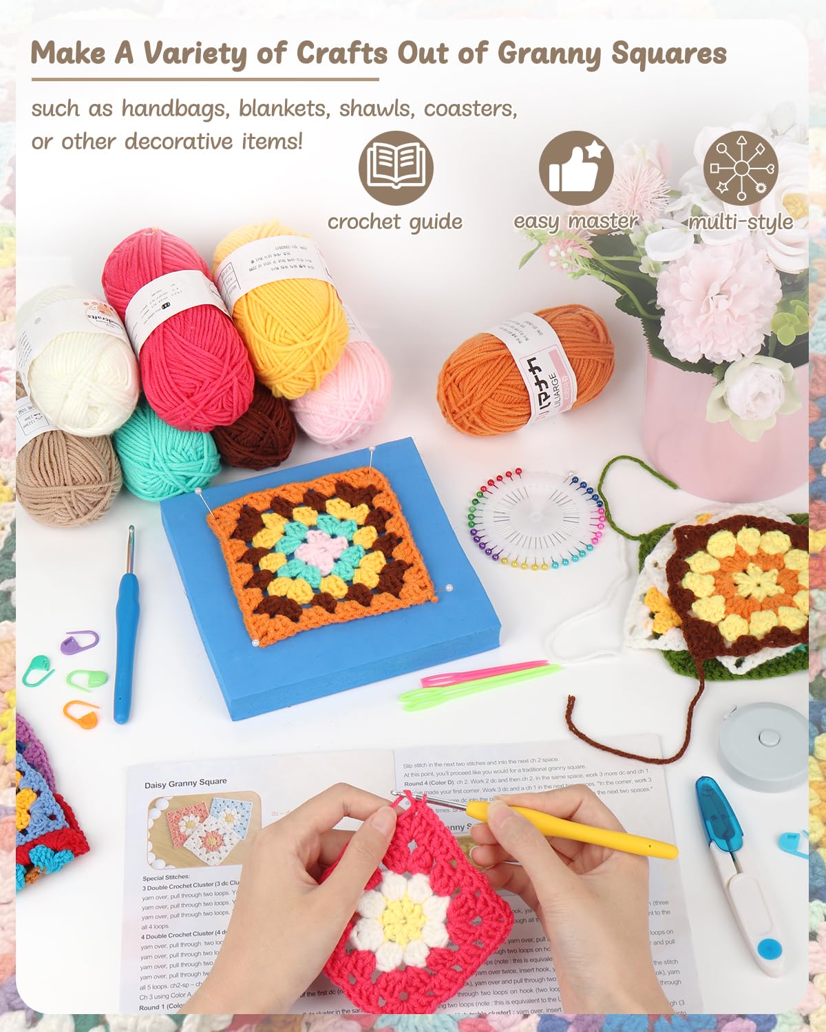 Reessy Crochet Kits for Beginners Adults Granny Square Crochet Starter Kit with 8 Colors Yarn - Image 4