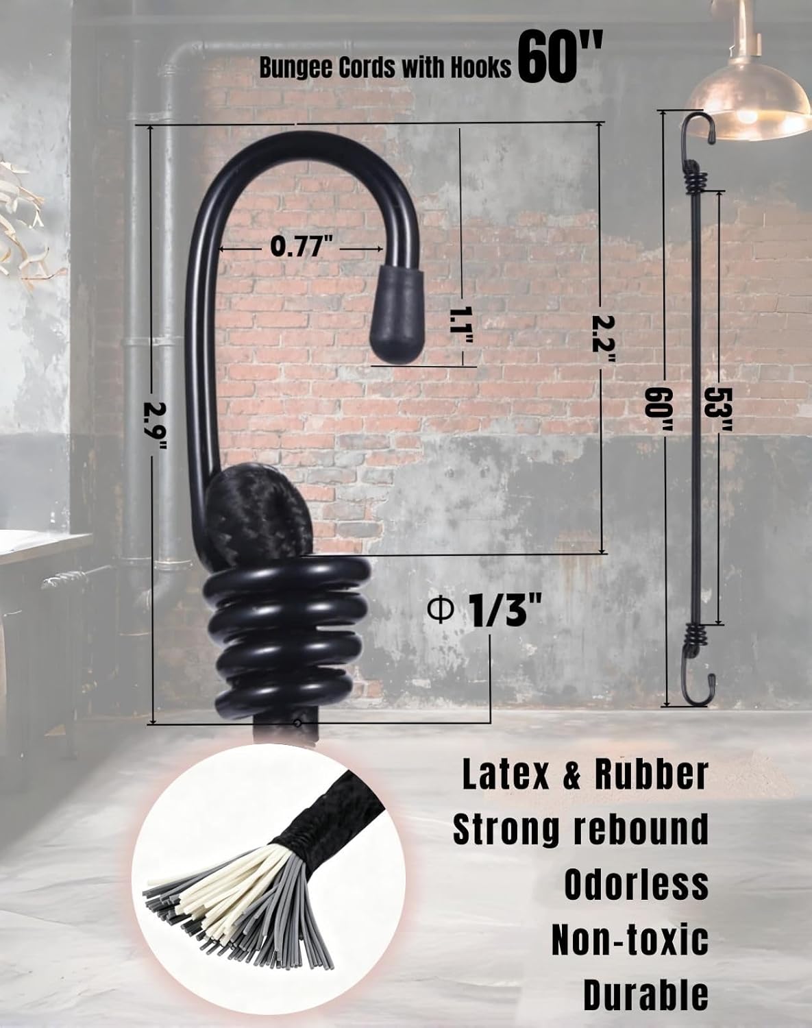 Yuxh Bungee Cords with Hooks 5 Ft Bungie Straps Black Elastic Rope 60 Inch 3 Pcs