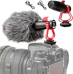 Microfone espingarda universal para câmera–microfone de câmera para smartphones DSLR, iPhone e Android – compatível com câmeras Canon EOS, Nikon e Sony–com suporte de choque