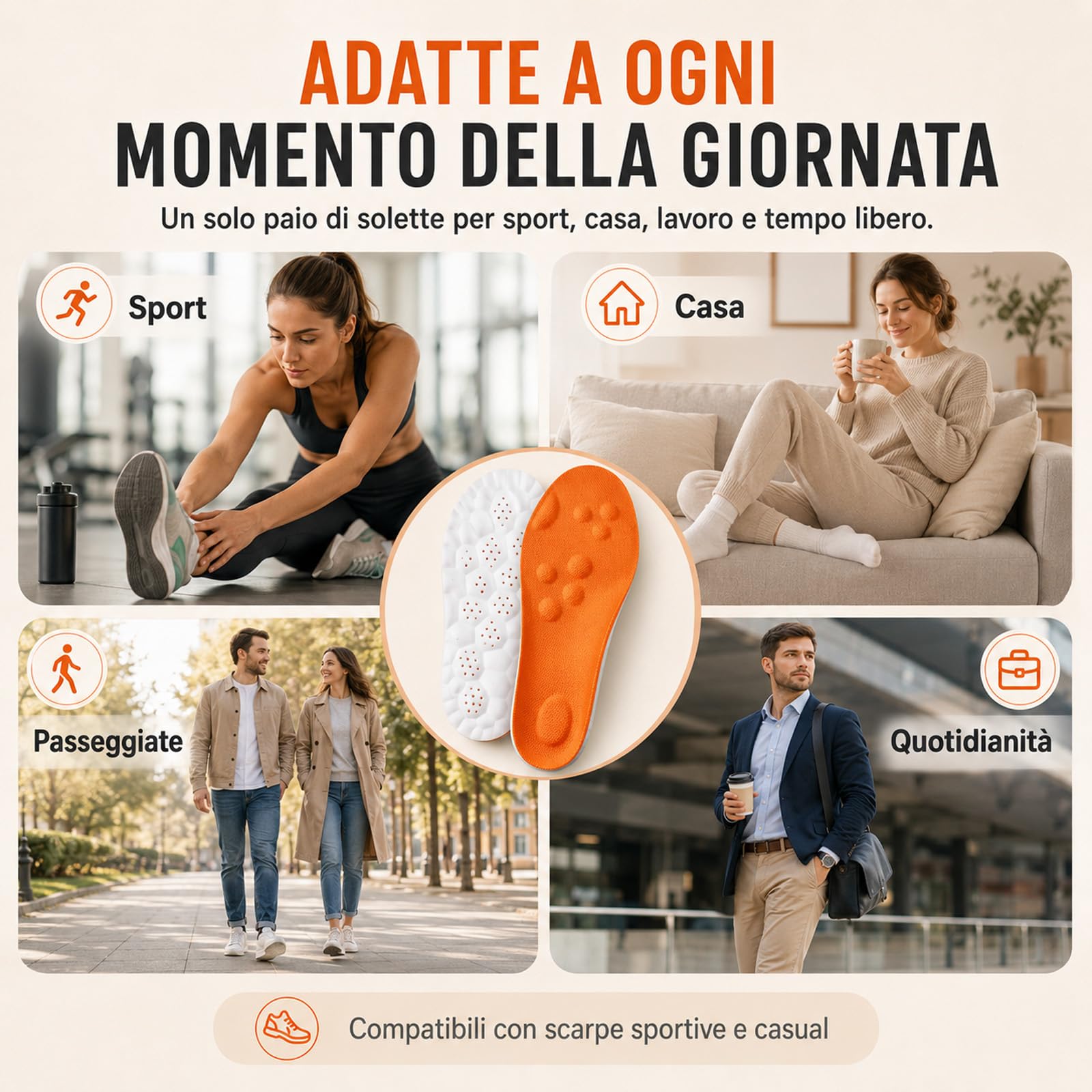 Plantari Stepvia Ortopedici Ammortizzanti, Traspiranti e Antiscivolo, Riducono Stanchezza e Dolore ai Piedi, Ginocchia e Schiena, Unisex Uomo Donna (Arancia, 43-44)