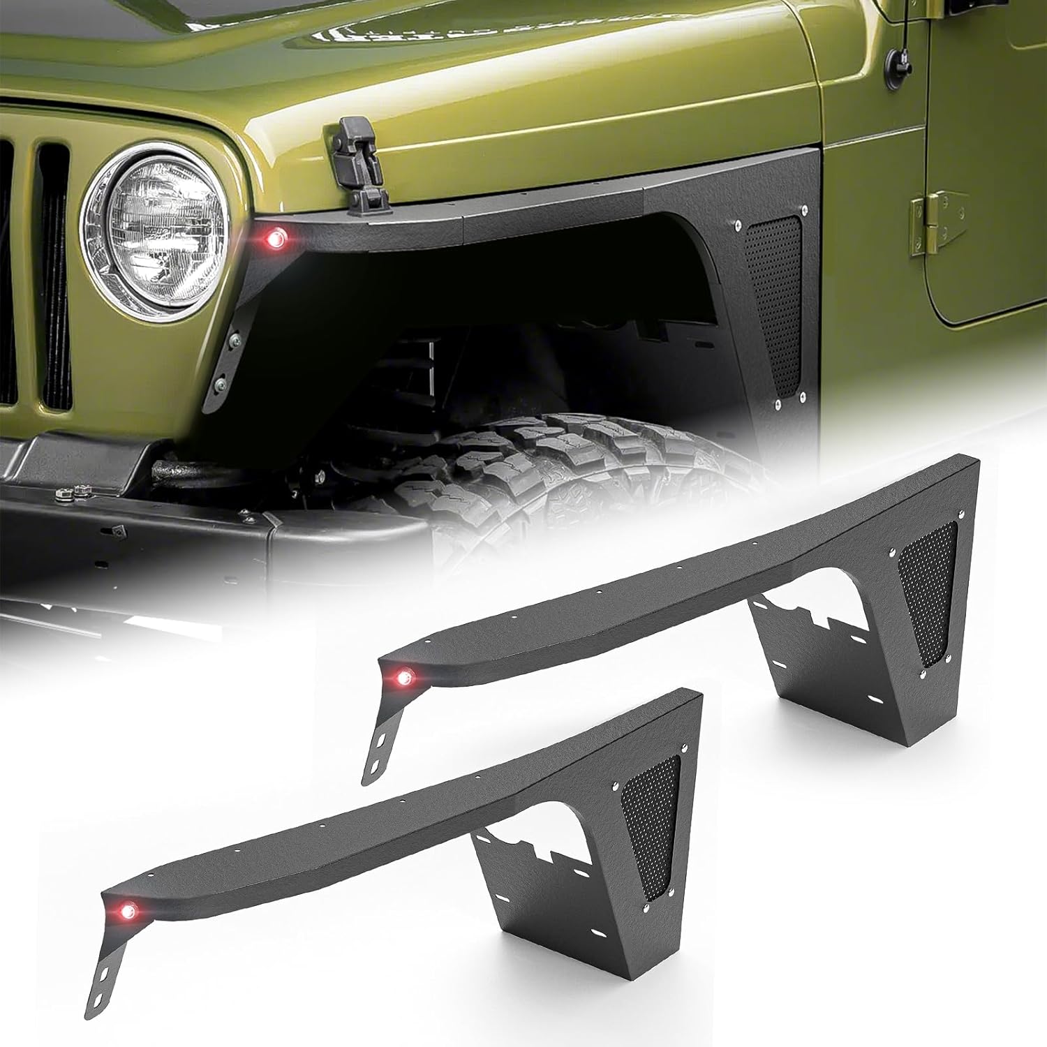 for Wrangler TJ LJ Flat Front Fender Flares Compatible with 1997-2006 Jeep Wrangler TJ & 2004-2006 Jeep LJ 2PCS Off-Road Heavy Duty Steel Durable Wheel Fenders Textured Black