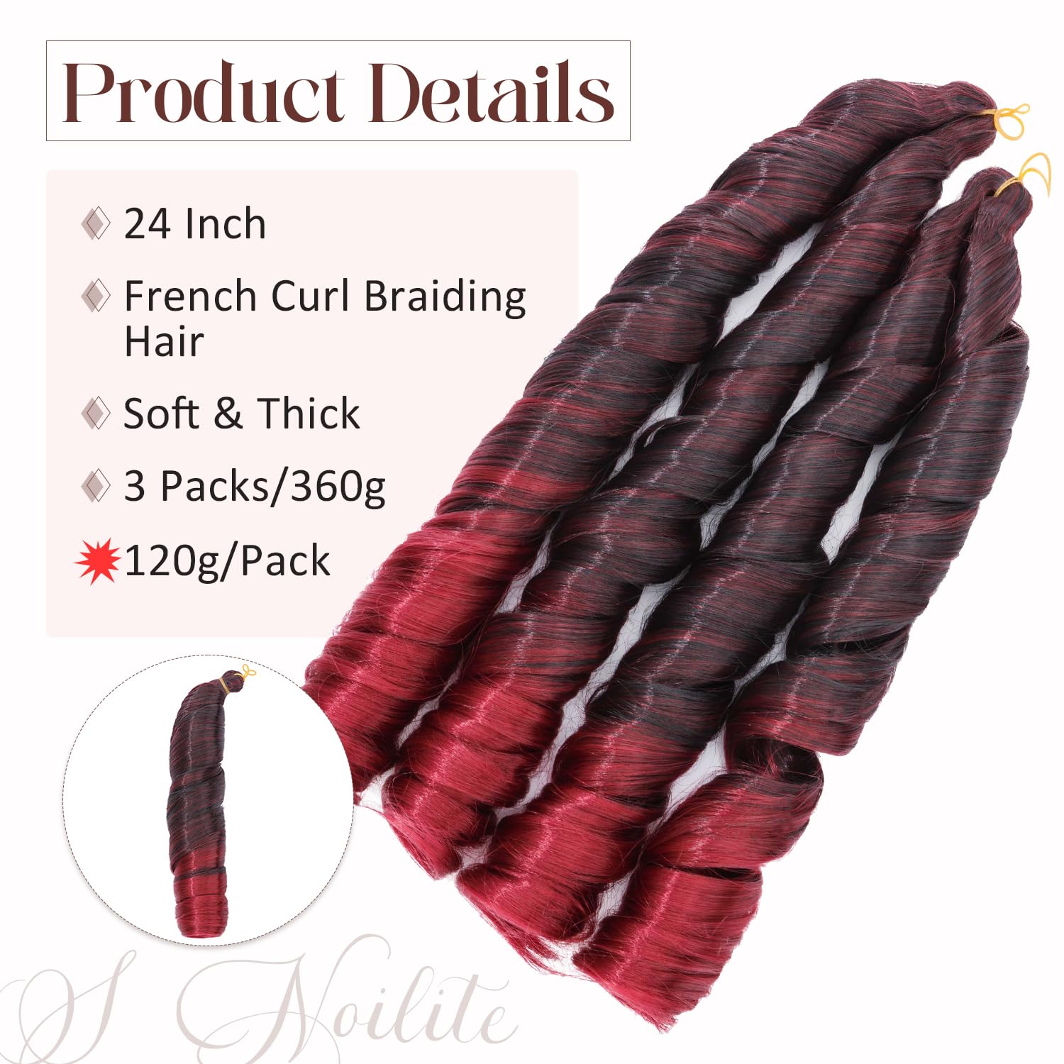 S-noilite French Curl Braiding Hair 24 inch 3 Pack Loose Wavy Spiral Curly Crochet Hair Deep Wave Synthetic Extensions for Braiding Pre Stretched Bouncy Braiding Hair - Image 2