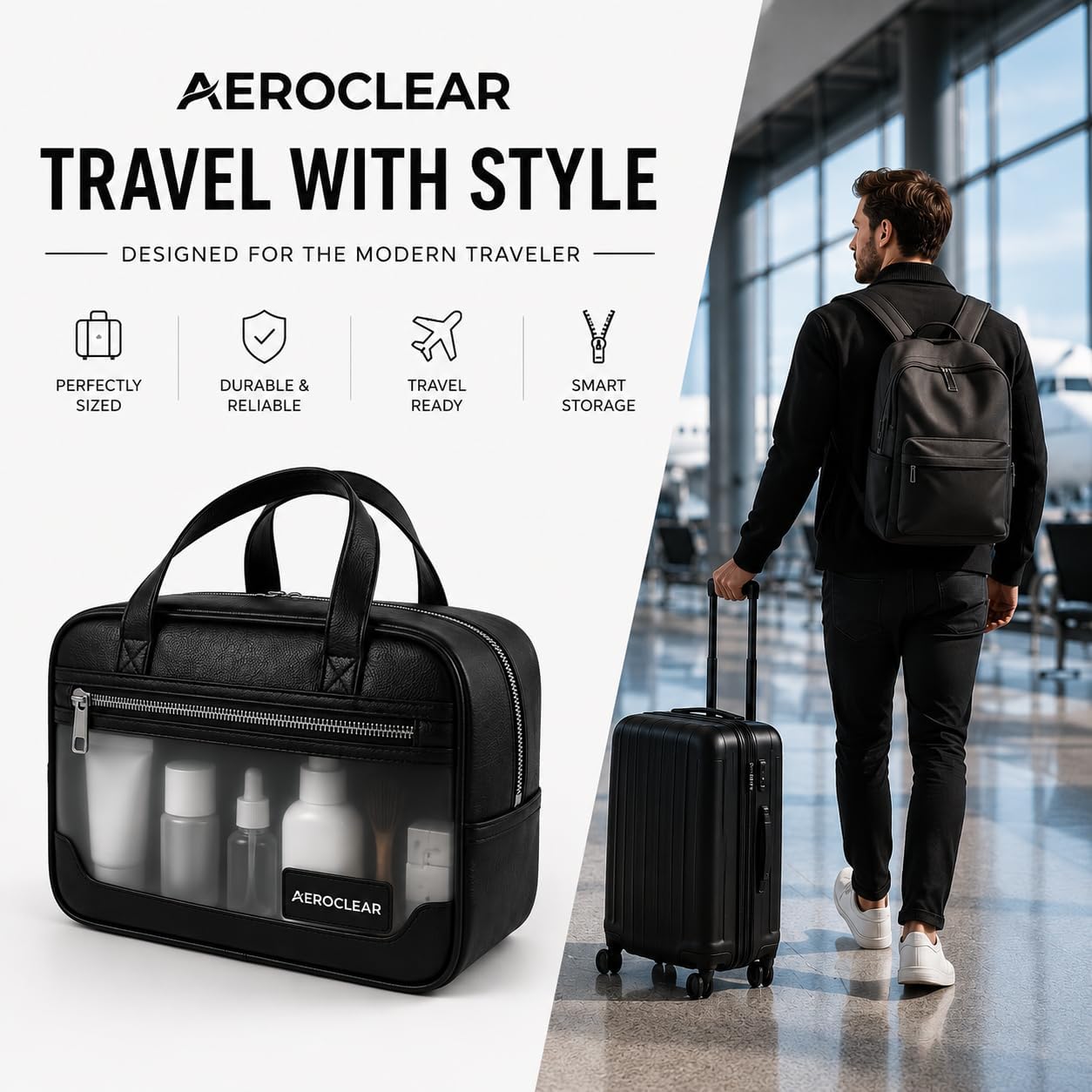 Clear Toiletry Bag - TSA Approved, Waterproof Organizer | Rigid structure, clear visibility, 3-compartment organization, sleek black finish