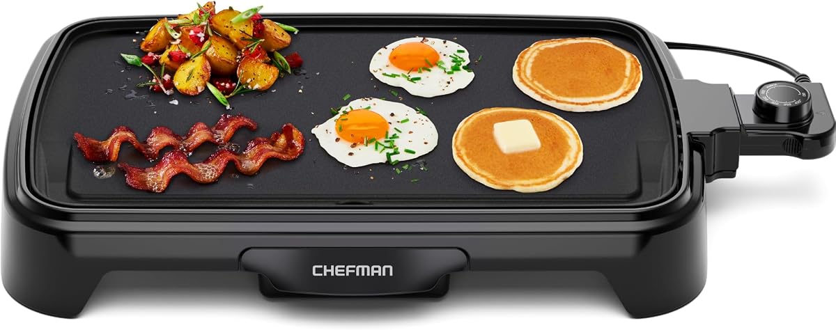 Chefman Plancha eléctrica con control de temperatura extraíble, parrilla sumergible de parte superior plana, hamburguesa, huevos, plancha para panqueques, superficie de cocción antiadherente fácil de limpiar, bandeja de goteo deslizable, 10 x 16 pulgadas