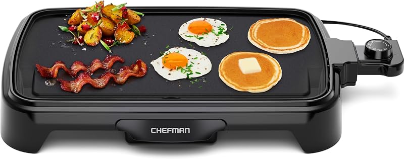 Chefman Plancha eléctrica con control de temperatura extraíble, parrilla sumergible de parte superior plana, hamburguesa, huevos, plancha para panqueques, superficie de cocción antiadherente fácil de limpiar, bandeja de goteo deslizable, 10 x 16 pulgadas