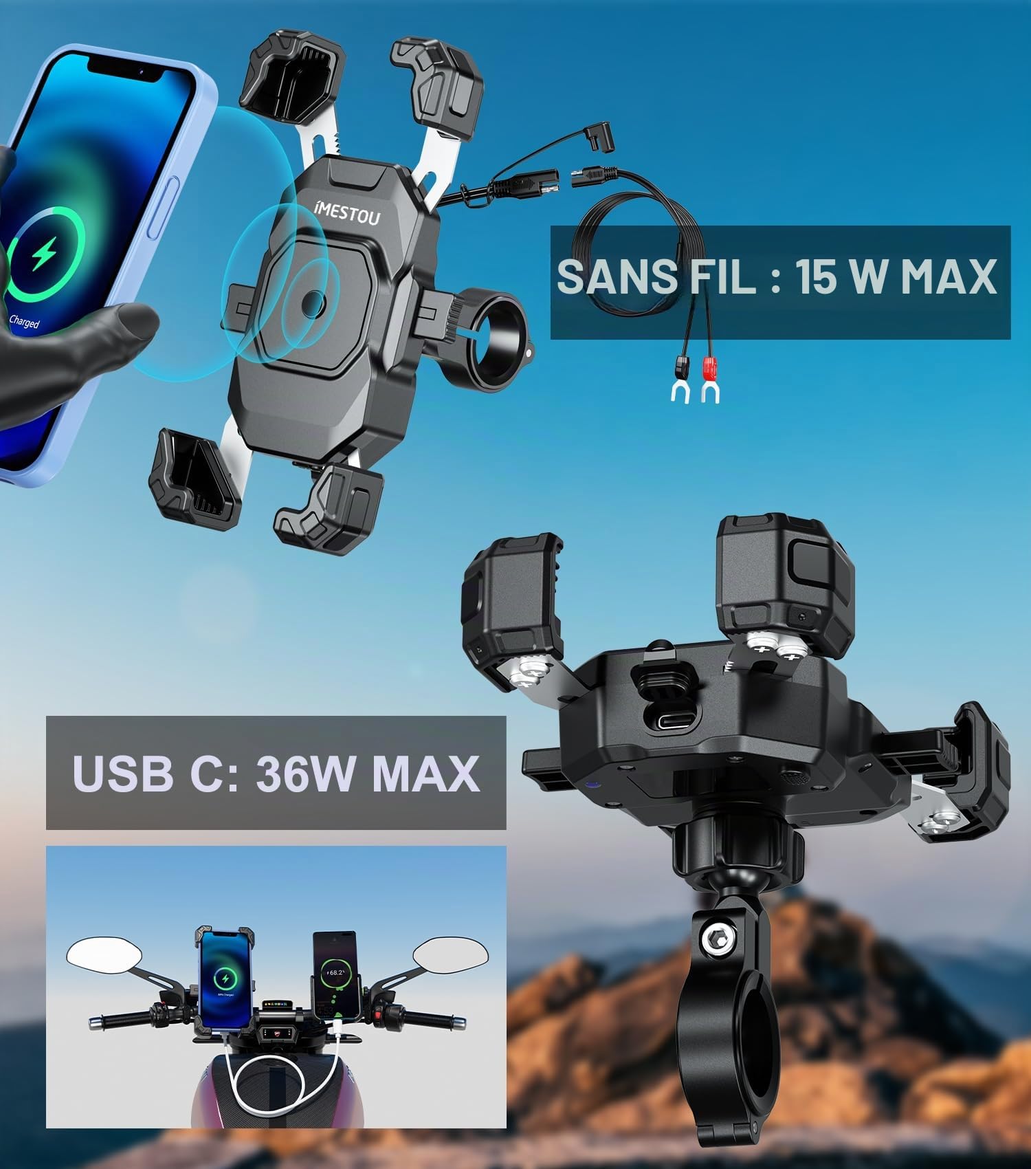 iMESTOU Support de Téléphone USB C sans Fil pour Moto avec Anneau SAE-O Amovible, Convient pour Les Téléphones de 5,5 à 7,2" d'une épaisseur Allant Jusqu'à 15 mm, Largeur<93 mm