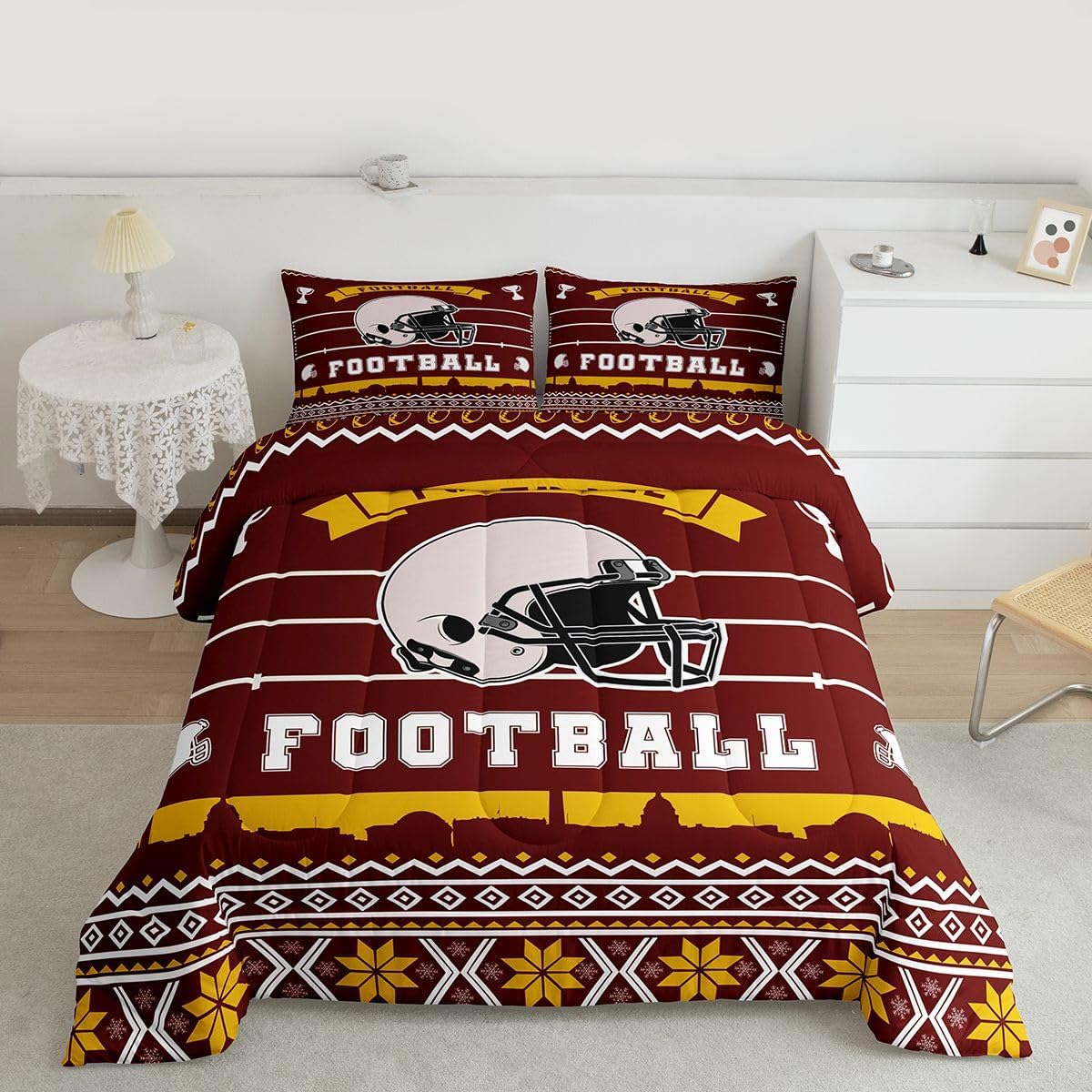 Erosebridal Football City Comforter Set for Kids Teens Adults,Rugby Sports Lover Toddler Bedding Set,Football Helmet Down Comforter Bedroom Decor,Navy Blue White Bed Set