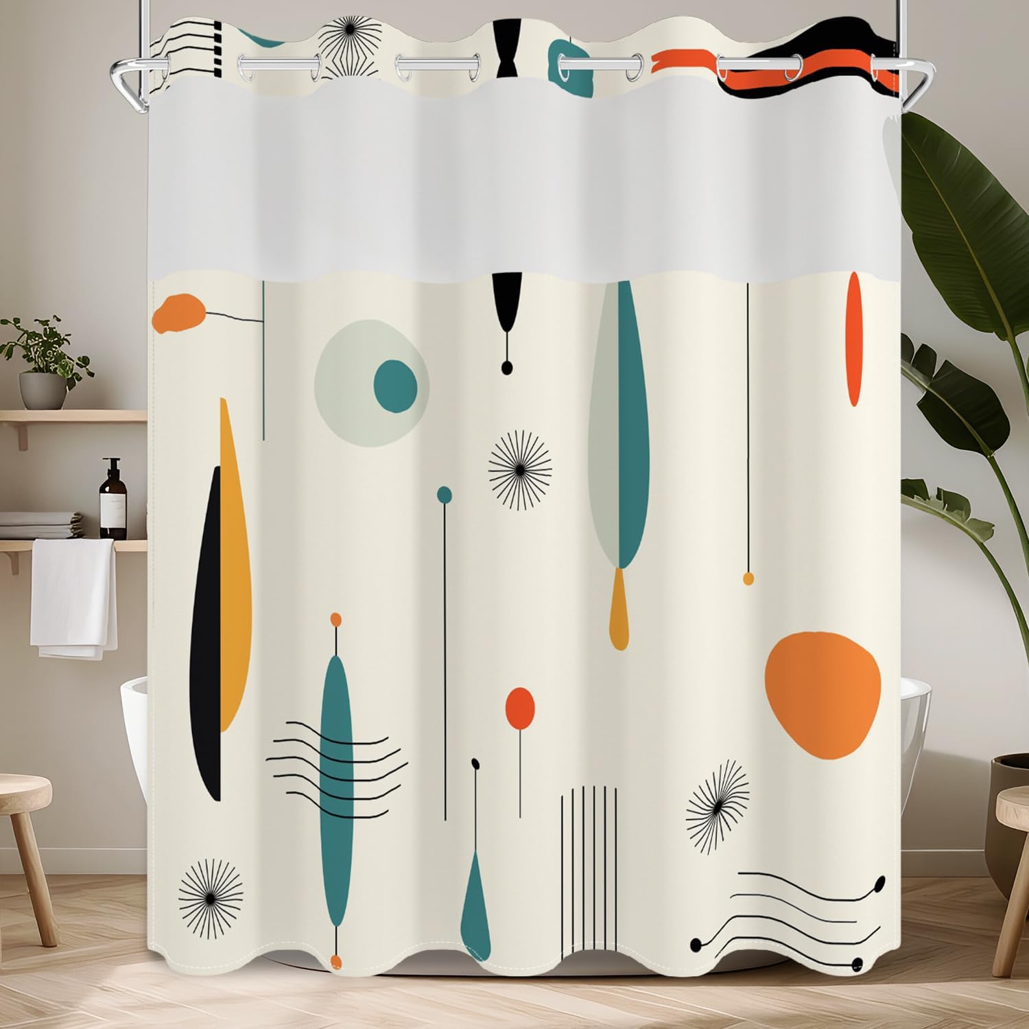 No Hook Shower Curtain with Snap in Fabric Liner Set, Waterproof & Washable, Retro Mid Century Modern Shower Curtains for Bathroom, Eclectic Abstract Geometric Bathroom Curtain, House Gift, 71x74 inch