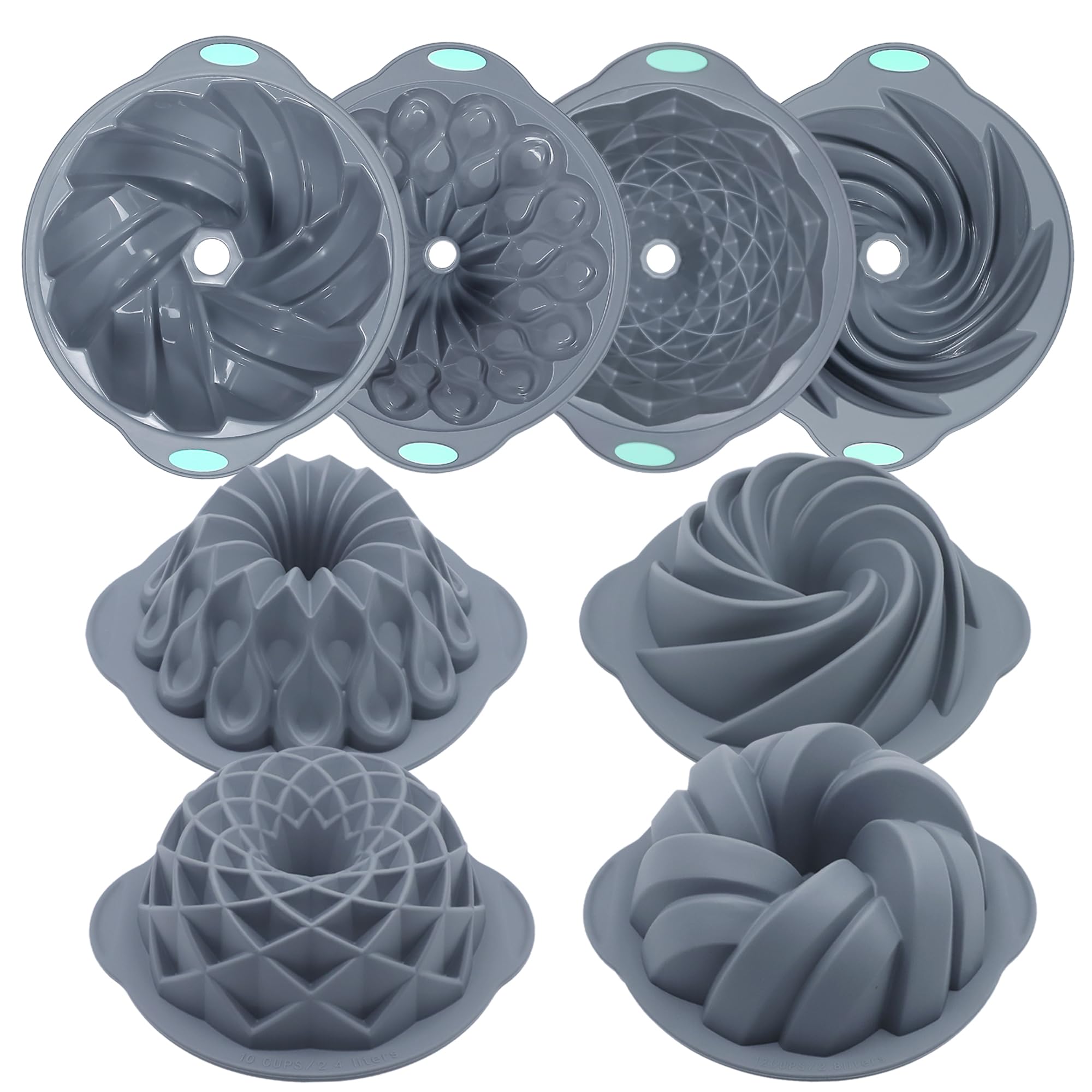 Tongjude 4 Pieces Silicone Fluted Cake Tins, 10/12 Cups Tube Cake Pan, Non-Stick Kitchen Oven Baking Pans
