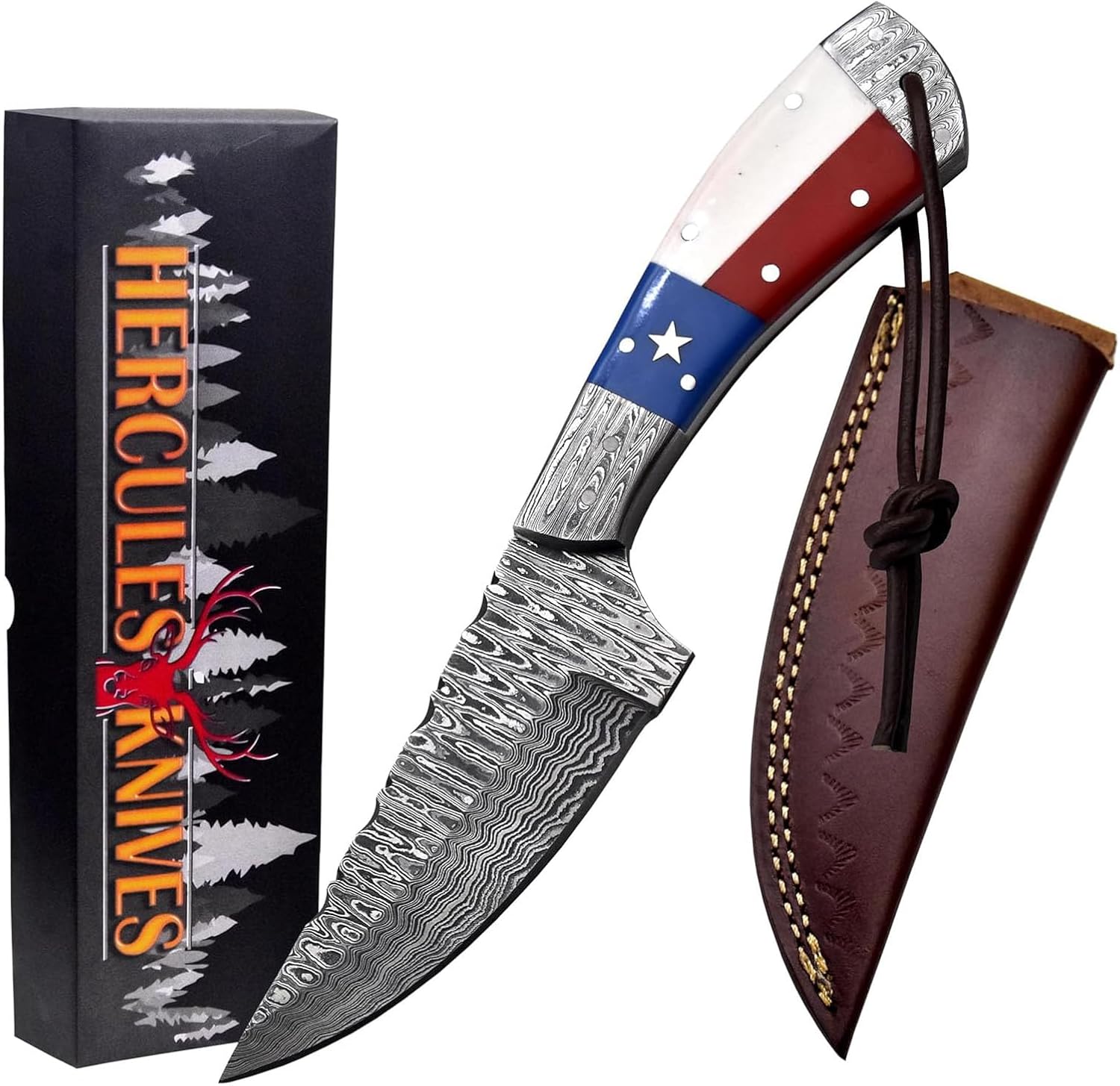 Hercules Custom Hand Forged Damascus Hunting Knife with Leather Sheath Fixed Blade Camping, Bushcraft, Survival, Outdoor Knife, Texas Flag Handle, Handmade Full Tang (FBK-A)