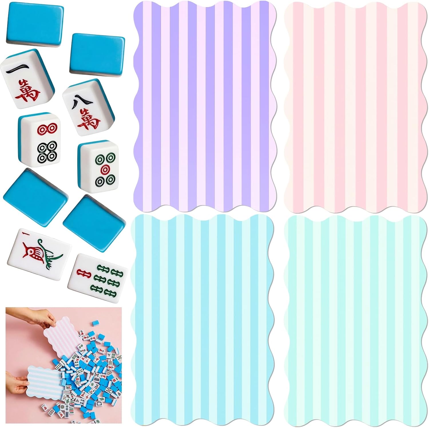 4 Pcs Mahjong Shuffler Cards Mixer Shufflers Macaron Striped Mahjong Card Thick PVC Wavy-Edge Card Fun Game Accessories