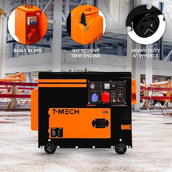 Silent Diesel Generator Three Phase ATS 6.5kVA 6500W 13HP 230V 400V Electric Start Closed Frame Emergency Power 4 Portable Wheels Black Powder Coated Steel 20L Fuel Capacity Tool Kit & Funnel