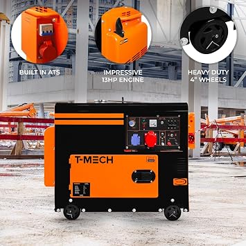 Silent Diesel Generator Three Phase ATS 6.5kVA 6500W 13HP 230V 400V Electric Start Closed Frame Emergency Power 4 Portable Wheels Black Powder Coated Steel 20L Fuel Capacity Tool Kit & Funnel