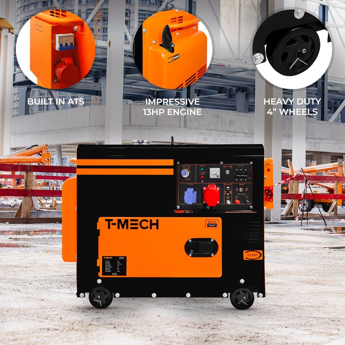 Generatore Diesel Silenzioso Trifase ATS 6.5kVA 6500W 13HP 230V 400V Avvio Elettrico Telaio Chiuso Potenza di Emergenza 4 Ruote Acciaio Verniciato a Polvere Nera 20L Capacità Kit Attrezzi & Imbuto