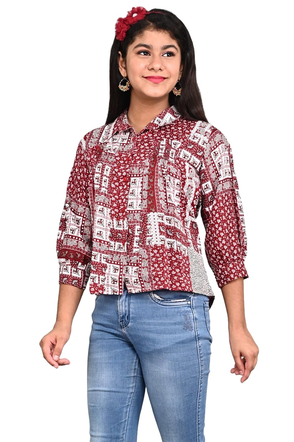 FELLAMO Girls Classic Boxy Prints Front Pleated Shirt-124-MAROON-12-13Y 2