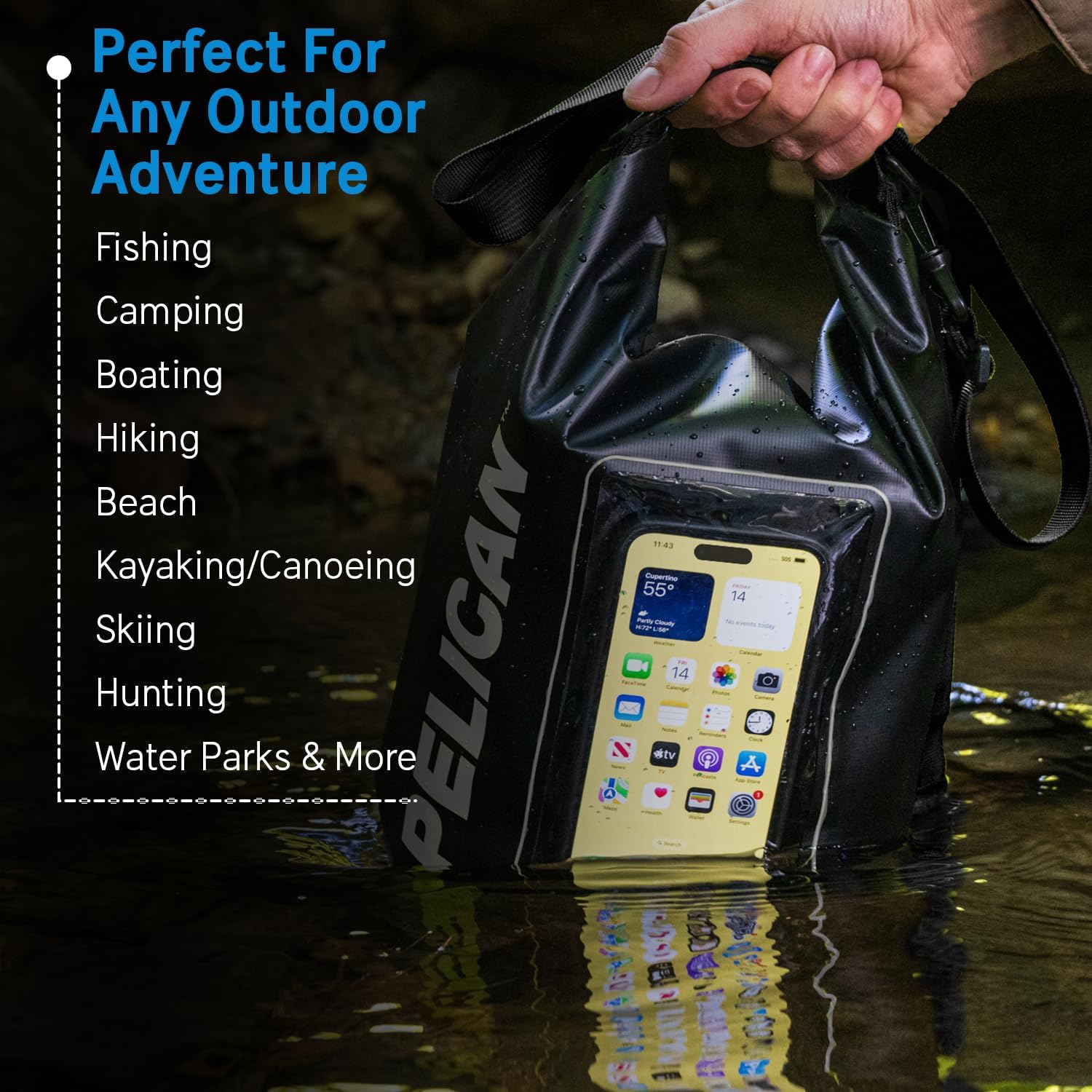 Pelican Marine IP68 Waterproof Dry Bag 5L - Roll Top Waterproof Backpack w/Phone Case/Pouch - Boating & Kayak Accessories - Essentials for Camping Swimming Beach Fishing Rafting Travel - Black - Image 7