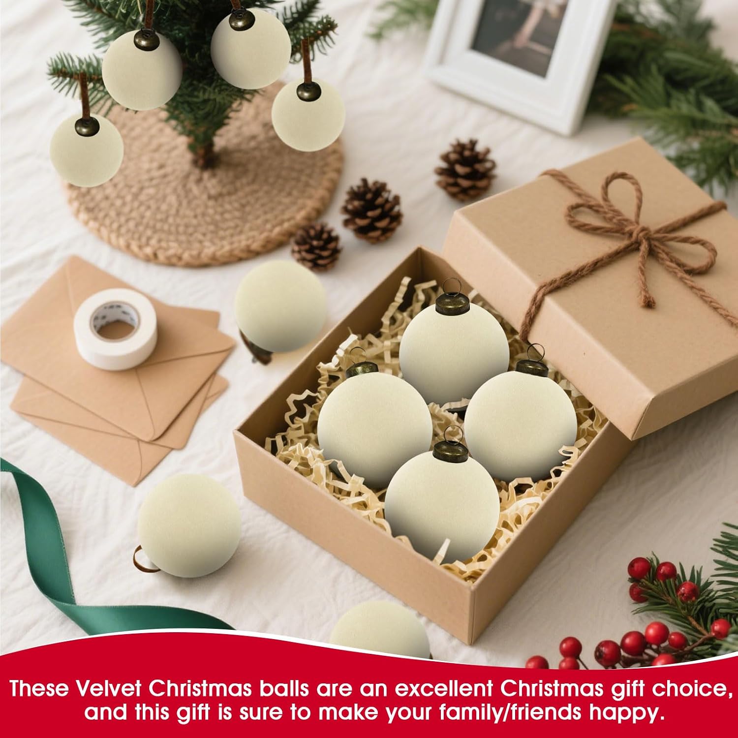 15 Pcs Velvet Christmas Balls, 3.15" Large Velvet Christmas Ornaments Balls, Plastic Shatterproof Flocked Ornaments for Xmas Tree Holiday Party Decorations (A - Cream White)