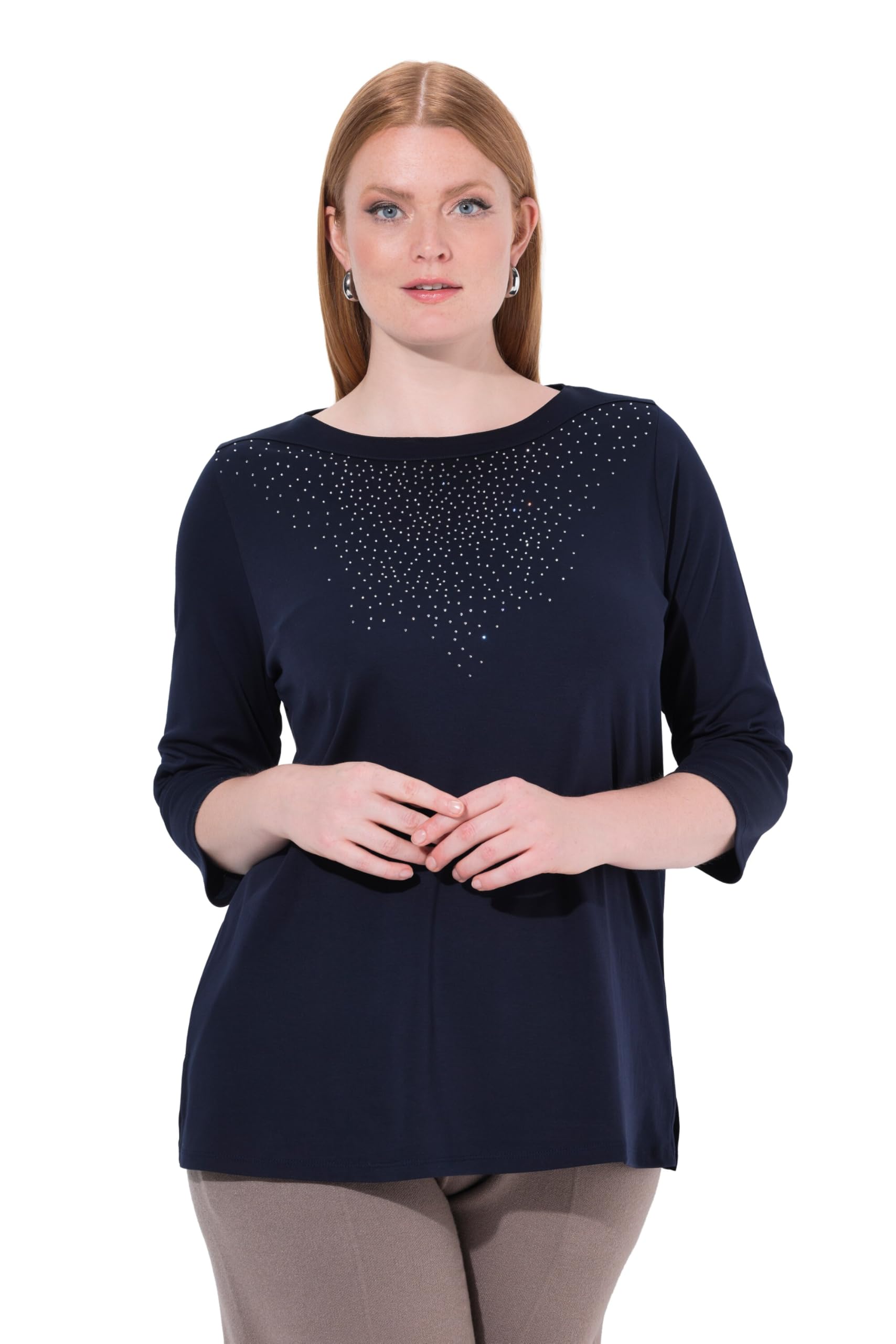 Ulla Popken Damen große Größen Übergrößen Plus Size Shirt, Ziersteine, U-Boot-Ausschnitt, 3/4-Arm, Pima Cotton 844951