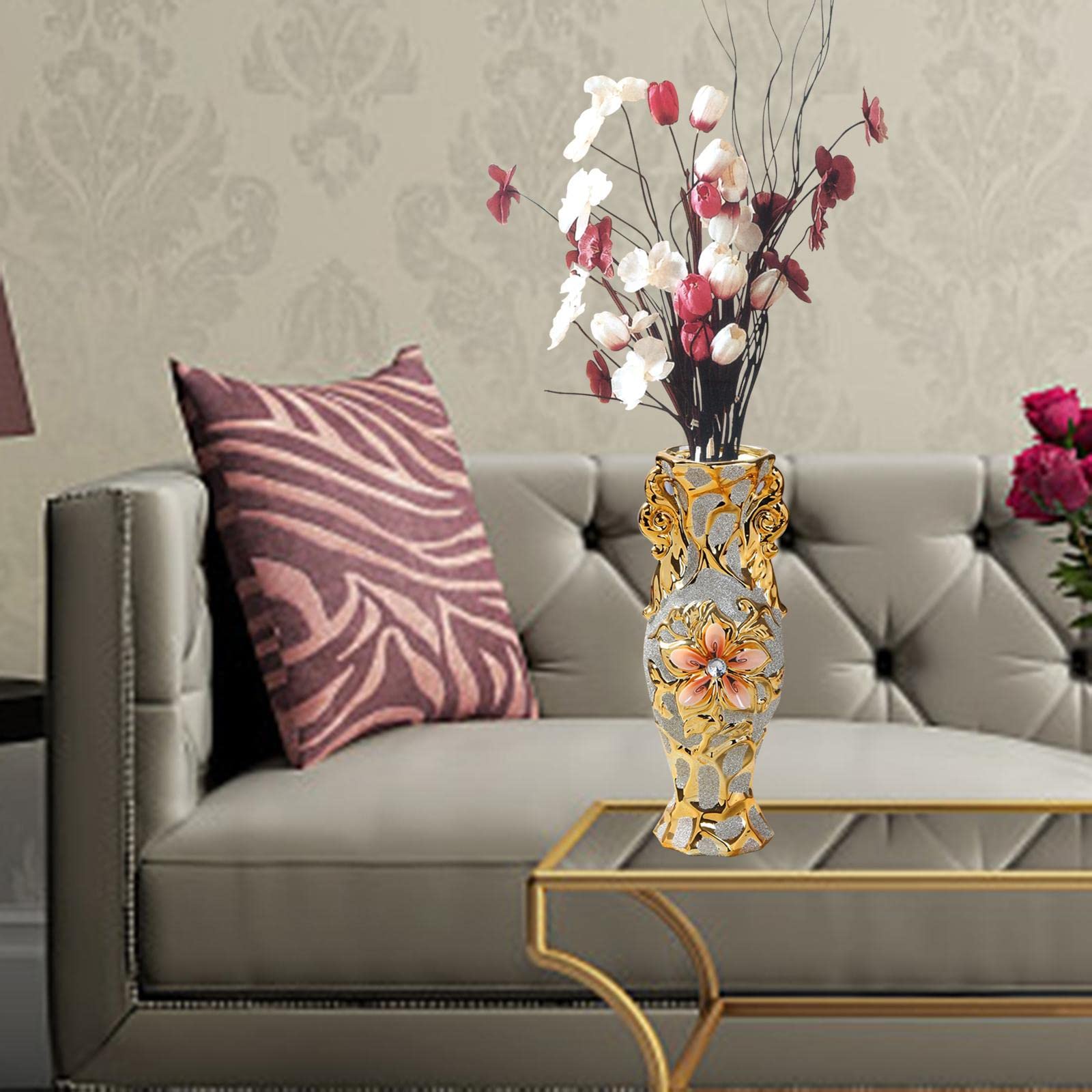 Keramikvase Europäischer Stil Blumenvasen Deko Ornament Tischdeko Goldene Muster Eleganz Aus für Hochzeit Geschenk Wohnzimmer Büro Café Bar Re, StilA