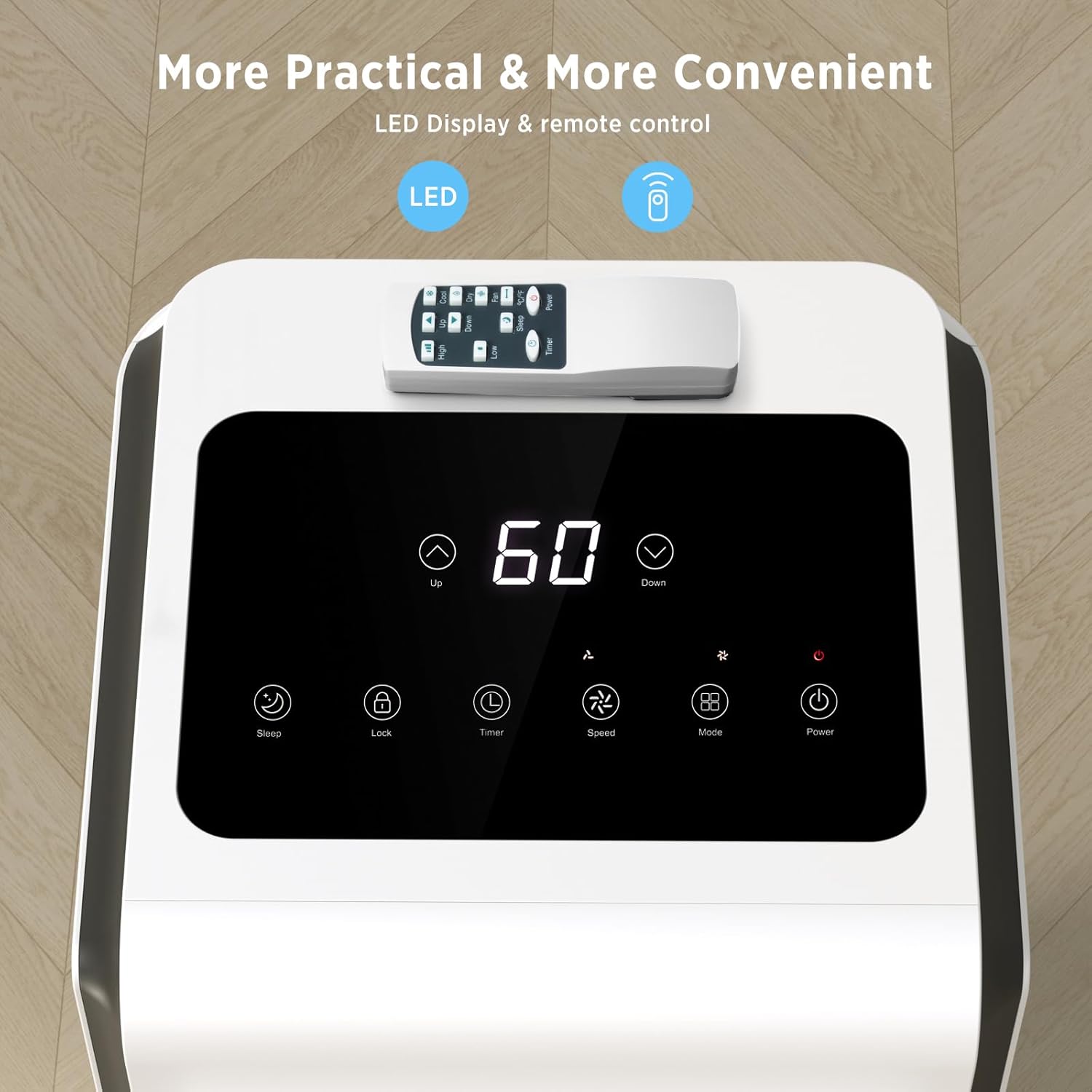 Top view of the ZAFRO Portable Air Conditioner control panel with LED display and a remote control.