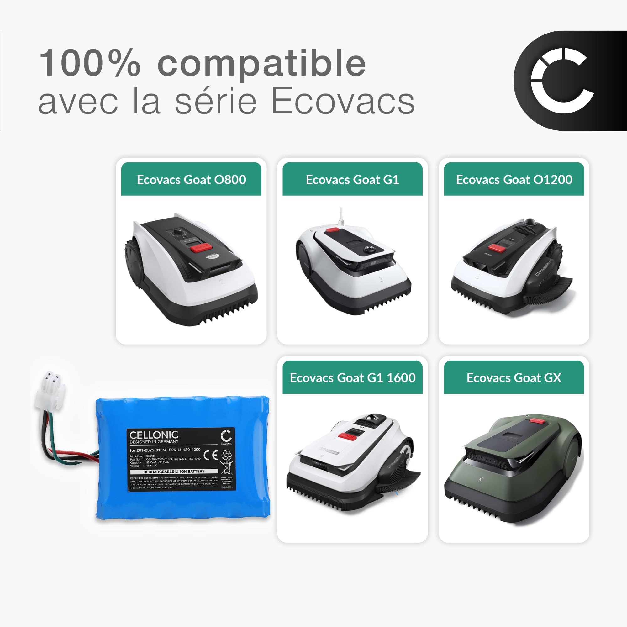 CELLONIC 1x Batterie pour Jardin Compatible avec ECOVACS Goat O800 RTK, Goat G1, Goat G1 1600, 201-2201-0903 - (5200mAh, 18.5V)