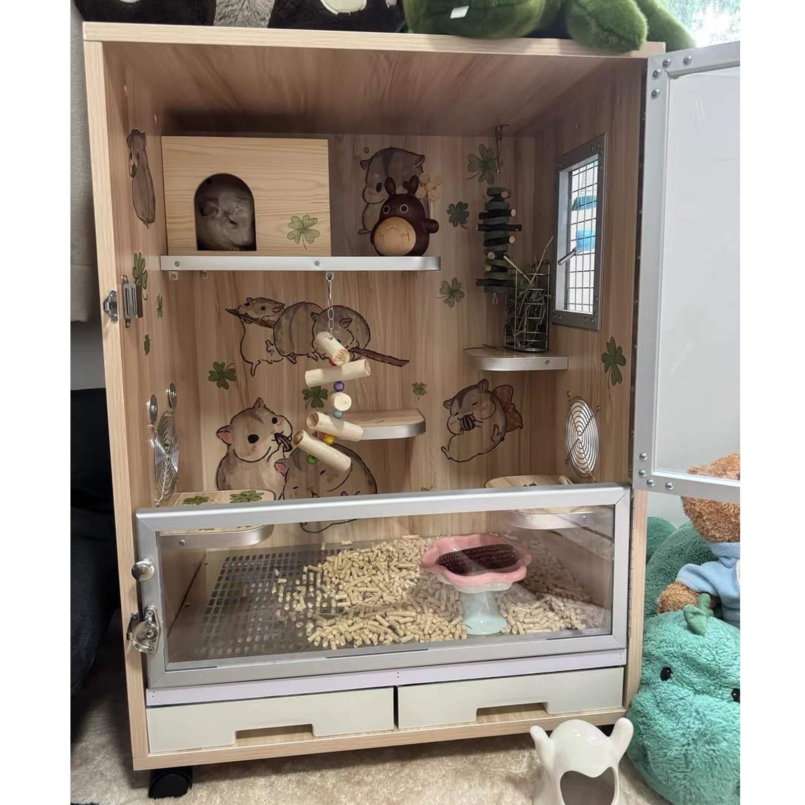 Jaula Grande para Chinchillas, Conejos, Hurones y Cobayas - Jaula de Madera con Puerta Transparente, Ruedas y Bandeja Extraíble