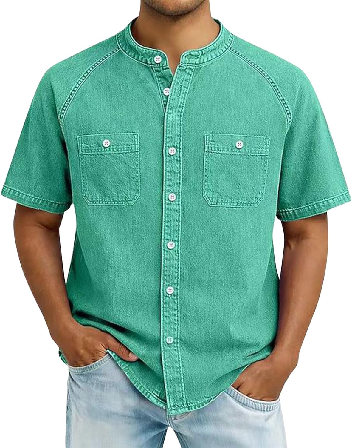 Men Vintage Short Sleeve Denim Shirt,Henley Neck Chest Pocket Work Top
