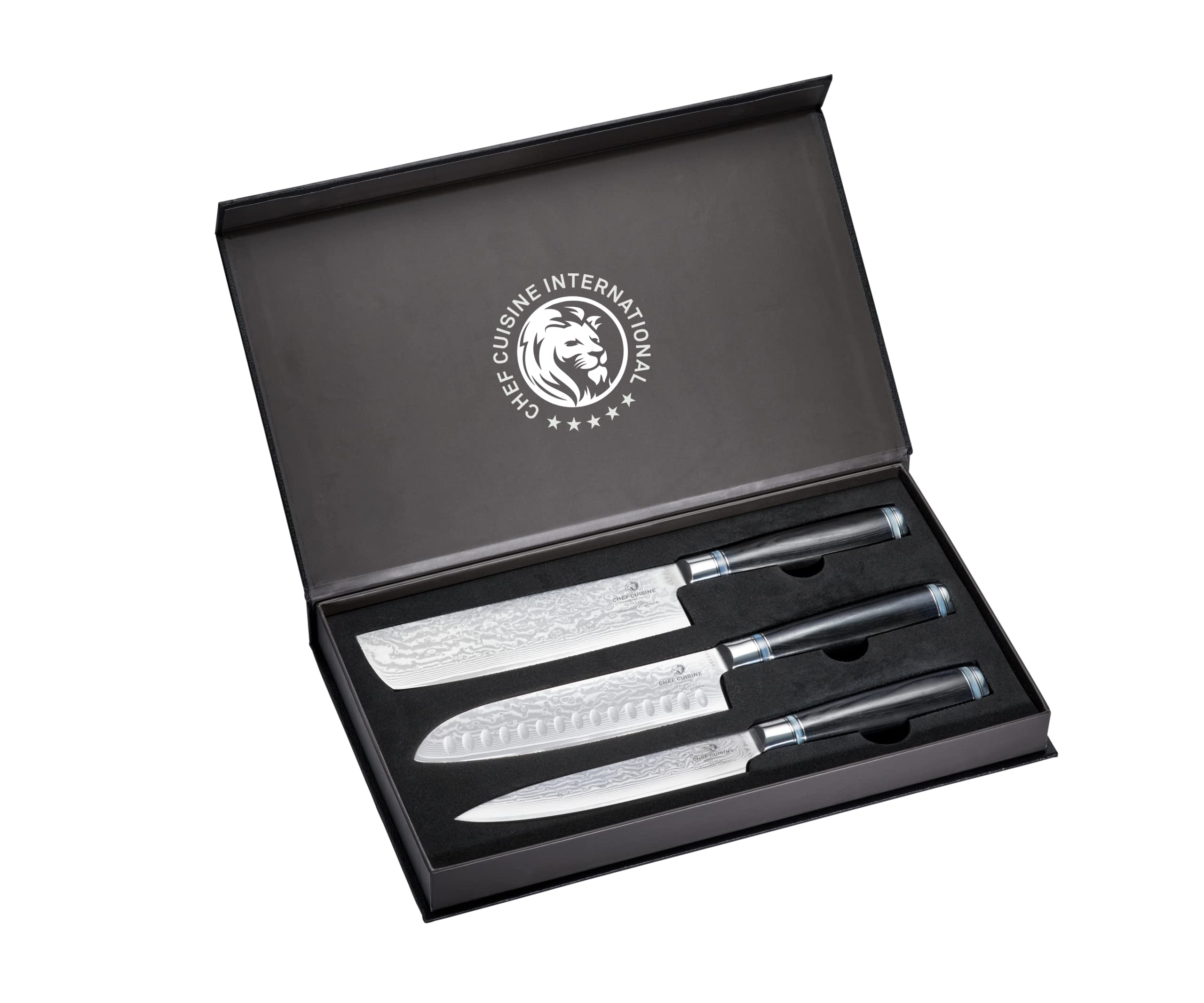 CHEF CUISINE Damast Messerset, 3-tlg., Nakirimesser Santokumesser Sashimimesser