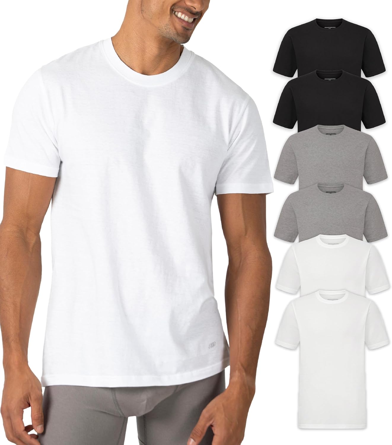 Skechers Men's Classic Fit Crew Neck Undershirts – Tag-Free, Lightweight, Moisture-Wicking Cotton Blend T-Shirts, 6 Pack Set