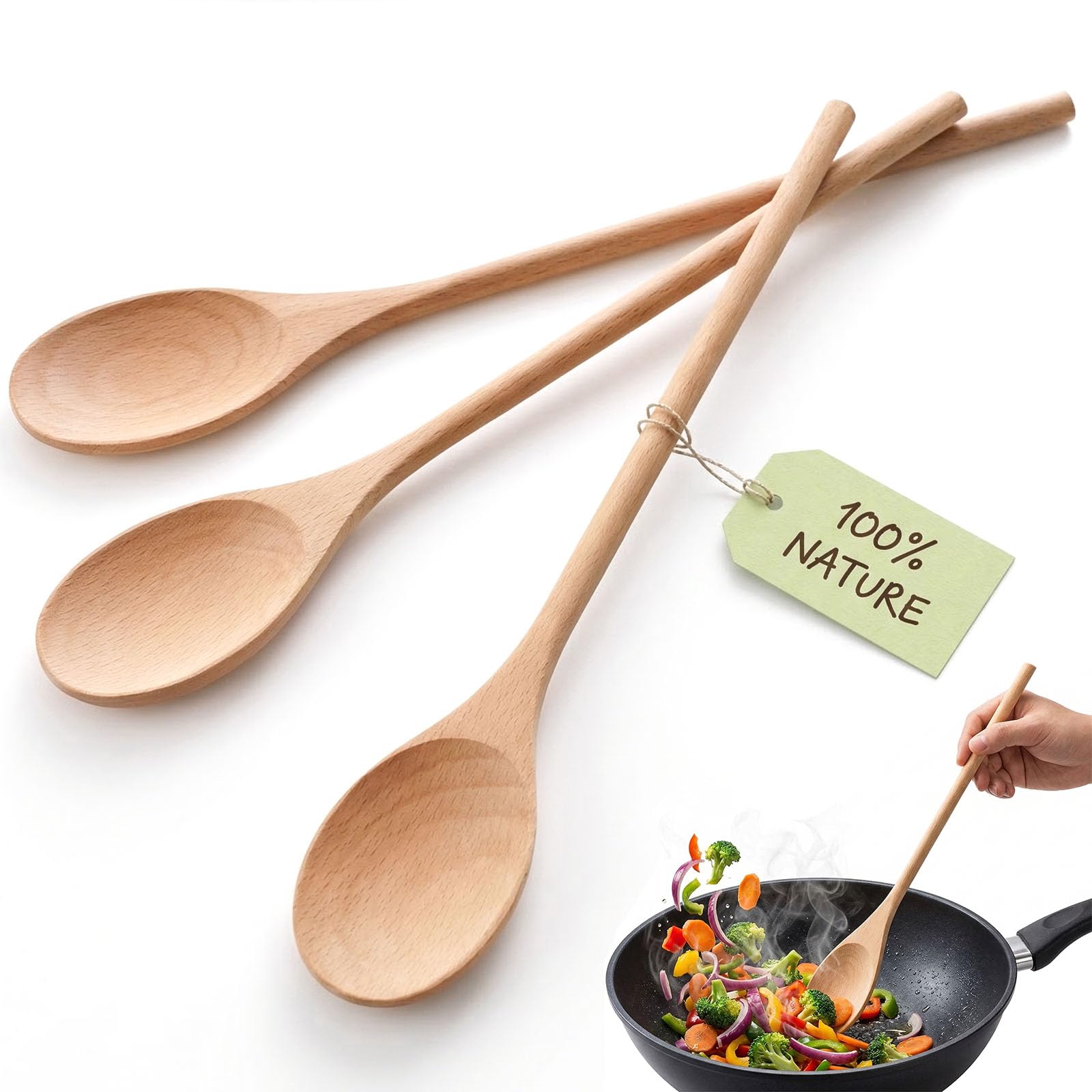 HANSGO 3 cucharas de madera para cocinar, cucharas mezcladoras de mango largo de 12 pulgadas para hornear, degustar, remover alimentos, sopas calientes, utensilios de madera grandes para utensilios de