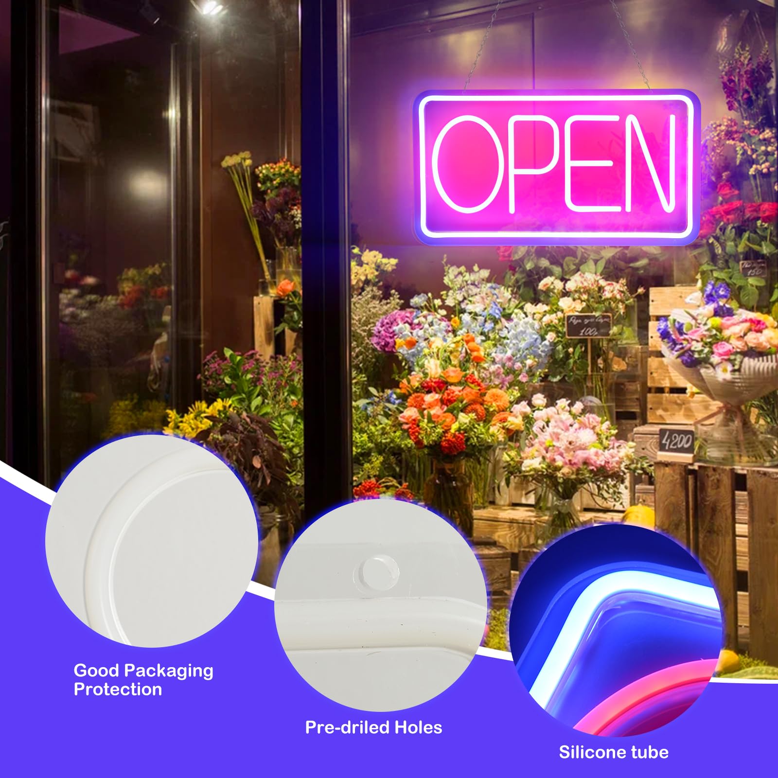 OPEN Letreros LED de Neón, 42 x 22 cm, Letreros Abiertos Iluminados, Tablero de Publicidad, Letrero Eléctrico Alimentado por USB, Ajustable, Brillante, Para Tiendas, Ventanas Horizontal
