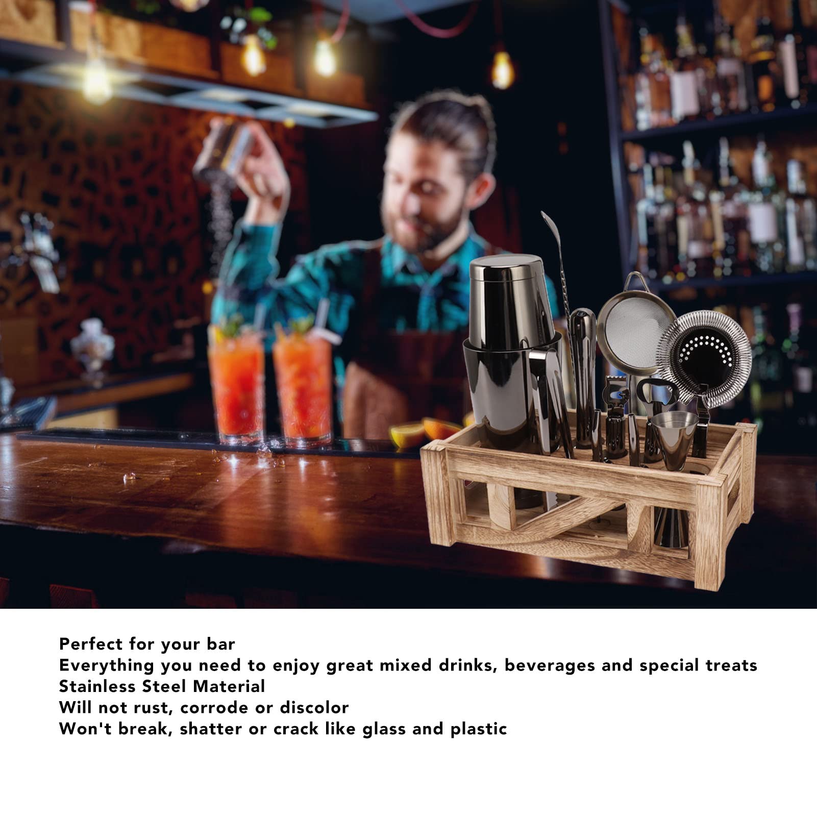 Juego de Barra de Coctelera de Acero Inoxidable con Soporte de Madera, Mezclador, Coctelera, Kit de Coctelería, Accesorios de Barman de Mixología Profesional para el Hogar, Bar Y Fiesta