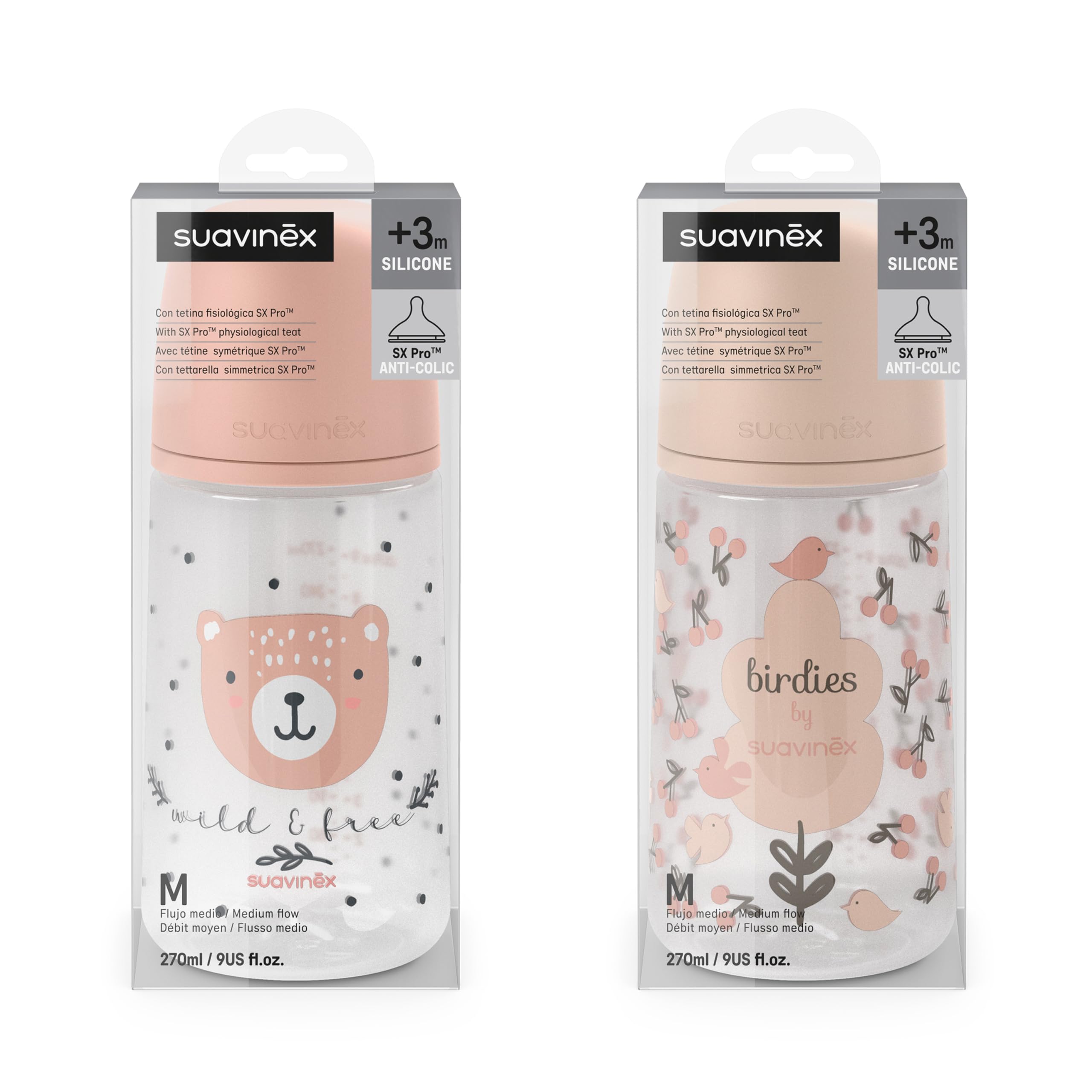 Suavinex, Confezione 2 Biberon da 270 ml, Tettarella Simmetrica SX Pro in Silicone con Valvola Anticolica, Flusso Medio, Liquido Densità Media, Latte, Succhi, Acqua. ​+3 Mesi.Birdies, Wild&Free, Rosa