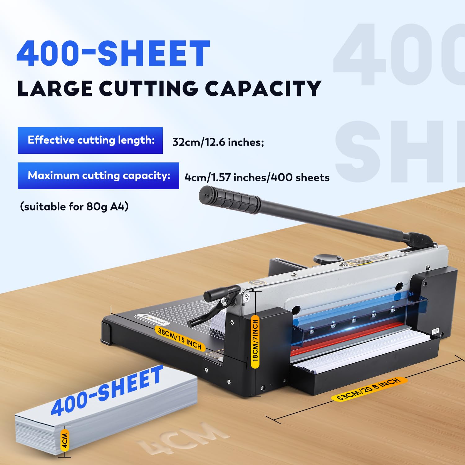 CGOLDENWALL Industrieller Papierschneider A4-320mm Hochleistungs-Guillotine 400 Blatt/ 4cm-Kapazität, Solide Stahlkonstruktion, mit Red-Line-Positionierung, für Büro, Gewerbliche Fotokopie, Druckerei