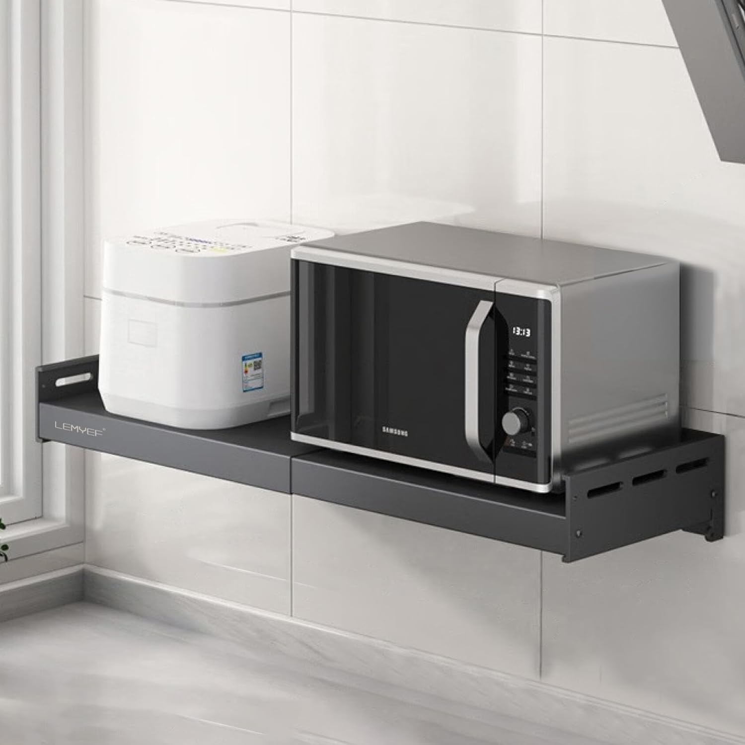 Stainless Steel Adjustable Wall Rack, Household Grade Microwave Oven Wall Rack, high Load Bearing countertop, Stationary kit, Multifunctional Storage Rack (16“-25.5” Black)