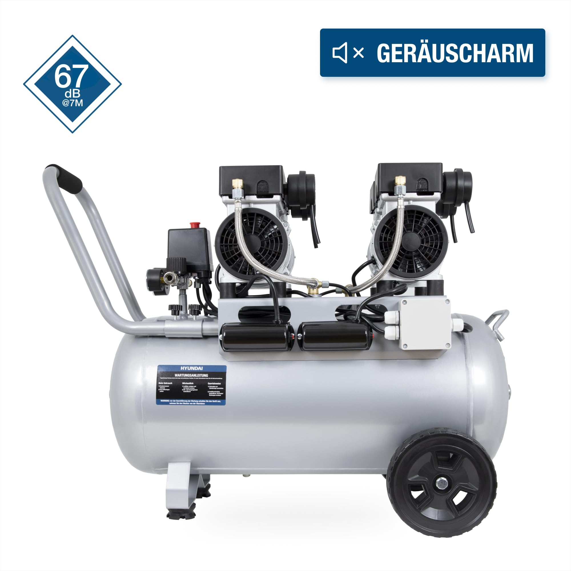 HYUNDAI Silent Kompressor SAC22050 | 50L Kessel | 2.2kW (3PS), 9bar | 384 L/Min Ansaugleistung | Luftkompressor leise, ölfrei | 1 Anschluss | geräuscharmer Flüsterkompressor | mit Zubehör