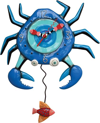 Enesco Allen Designs Crab with Big Claws and Fish Sculpted Pendulum Wall Clock, 14.25 Inch, Blue