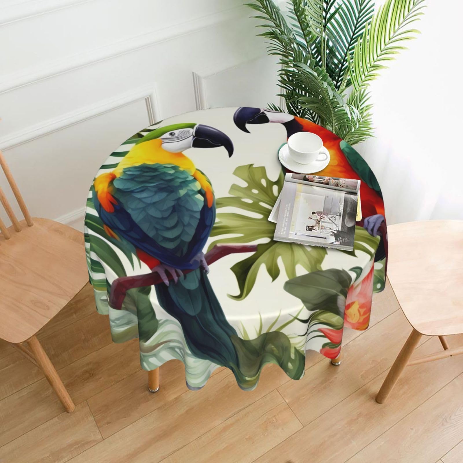FodPand Toucans Parrot Palm Tree Leaves Tablecloths for Round Tables 60 Inch - Reusable Washable Dining Table Clothes - Stain and Wrinkle Resistant Decorative Fabric Table Cover for Wedding Party