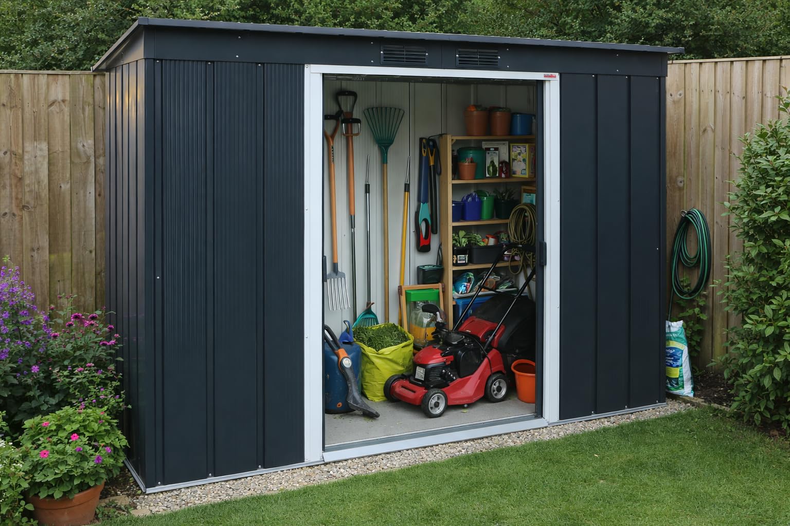 Duramax ECO 8 x 4 (2.85 m²) abri de jardin en métal à toit pentu, Abri de jardin en métal galvanisé à chaud, Abri de stockage d'outils, structure de toit renforcée, anthracite - 3