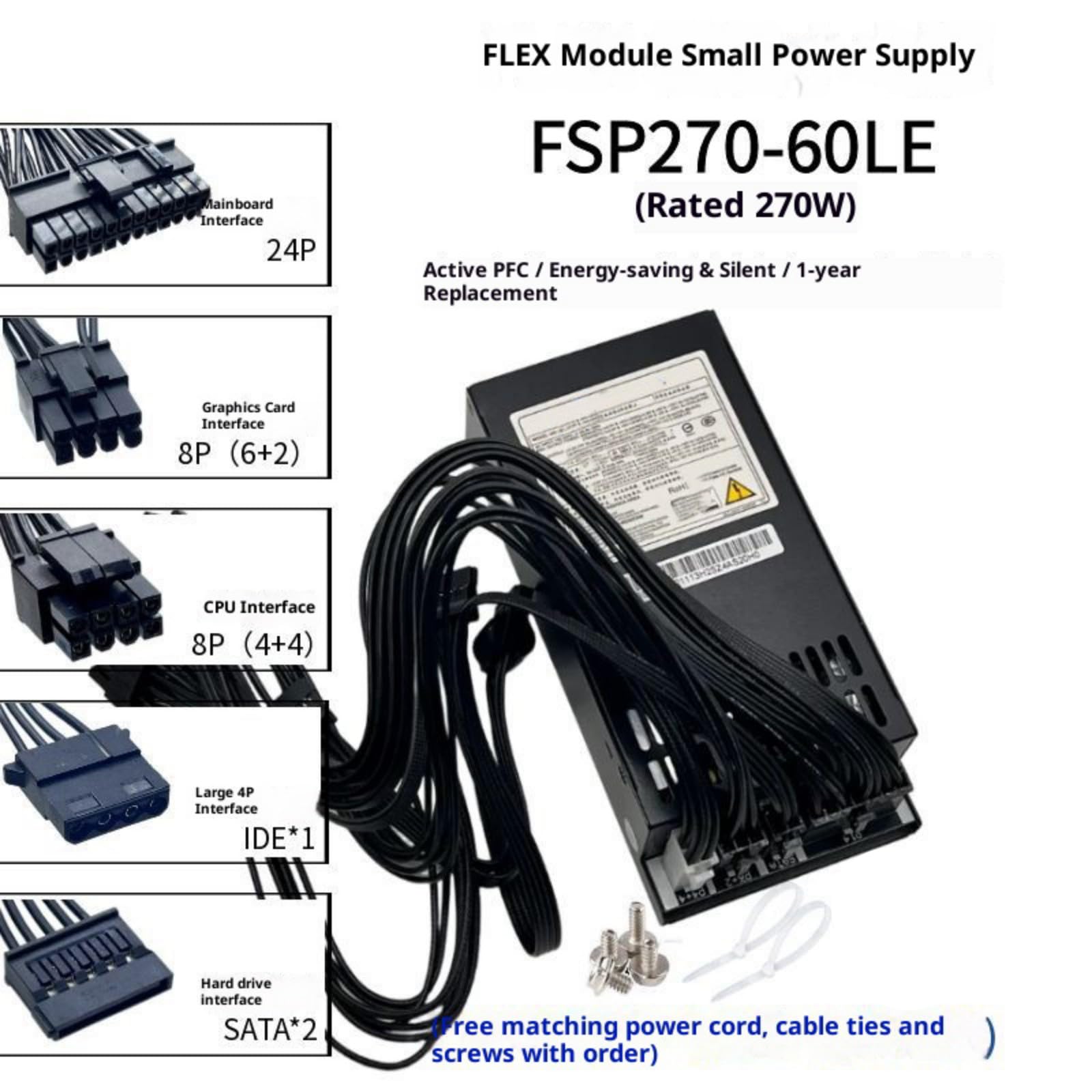 Alimentatore 1U Modulo Completo Gestione Calore 270W 300W 400W Desktop Alimentatore Attivo per Postazione di Lavoro Alimentazione Modulare, Metallo ad Alta Efficienza