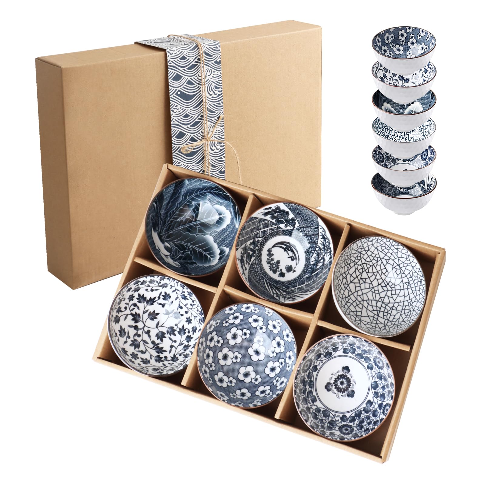 YIK TUNG 6 Pack Ceramic Rice Bowls,10 Oz Japanese Style Porcelain Dessert Soup, Cereal, Ice Cream & Snacks Bowls for Kitchen Dining and Unique Gifts,Microwave & Dishwasher-Safe(Blue&White)