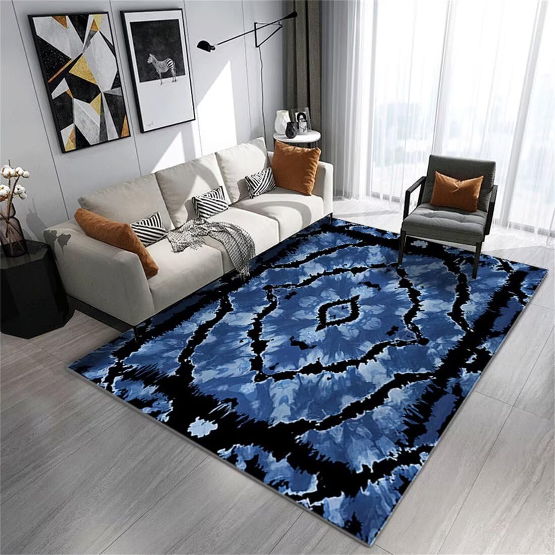 Tapis décoratif moderne bleu et noir 140x300cm pour coin salon et chambre