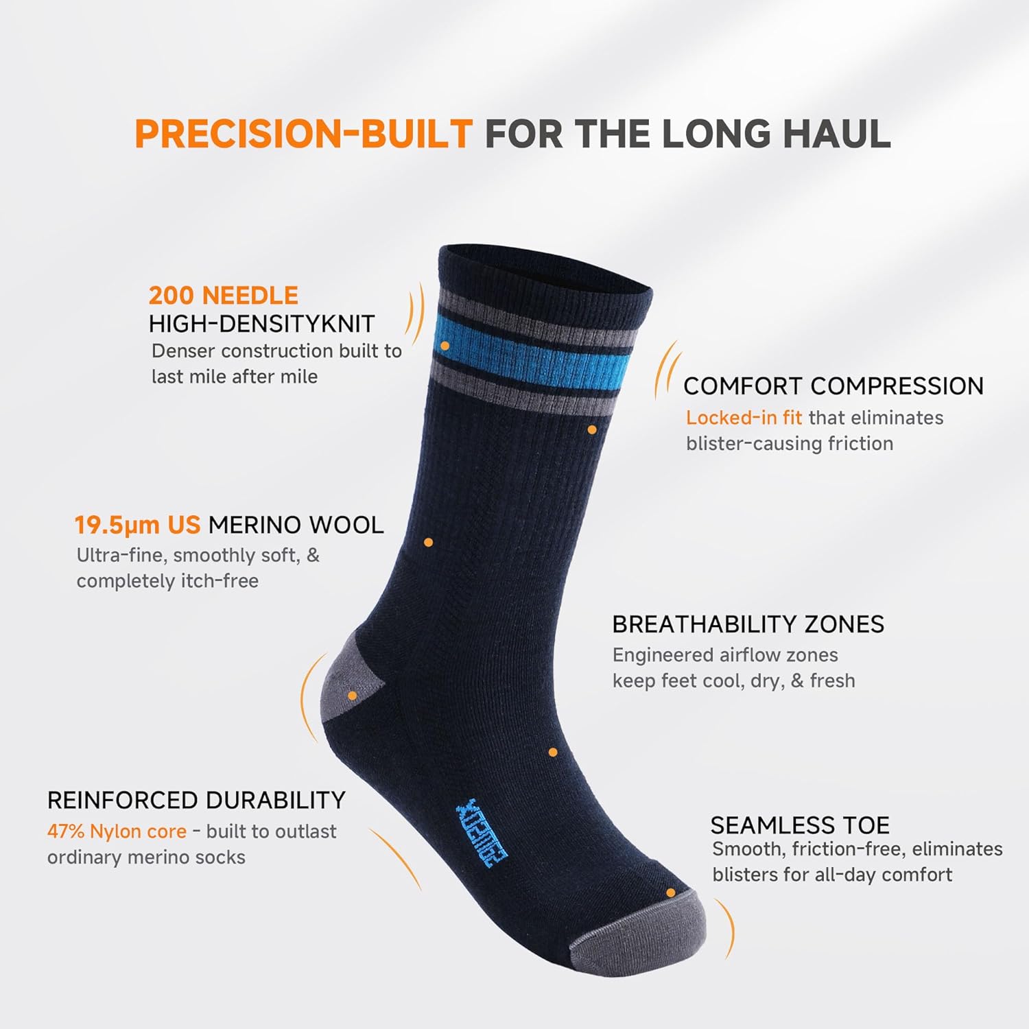 2-Pair Merino Wool Hiking Socks - Made in USA, 200-Needle Knit, Lightweight Cushioned Micro Crew Socks for Men Women - Image 6