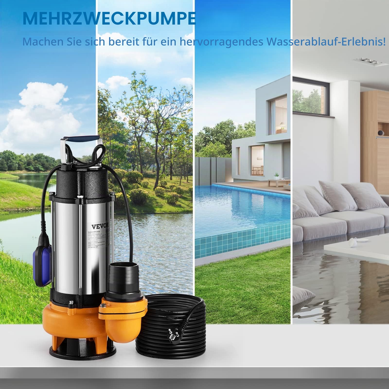 VEVOR Schmutzwasserpumpe mit var. Schwimmerschalter Tauchpumpe 2200W Gartenpumpe Durchfluss 60000L/h Schmutzwassertauchpumpe max. Hub 18m Wasserpumpe IPX8 Ideal zum Pumpen von Wasser